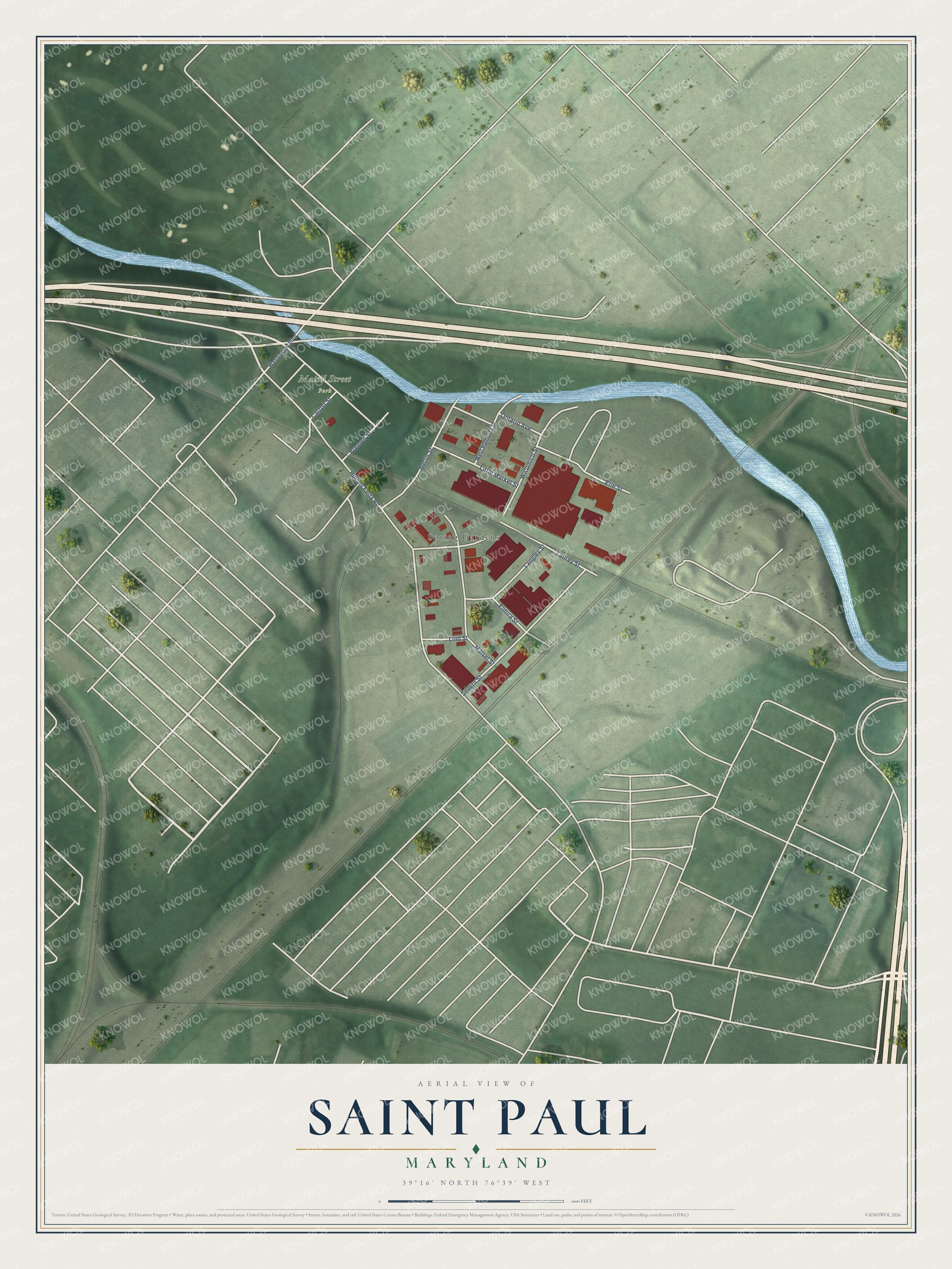 Full map of Saint Paul, Maryland, with red buildings, printed street names and the land around them