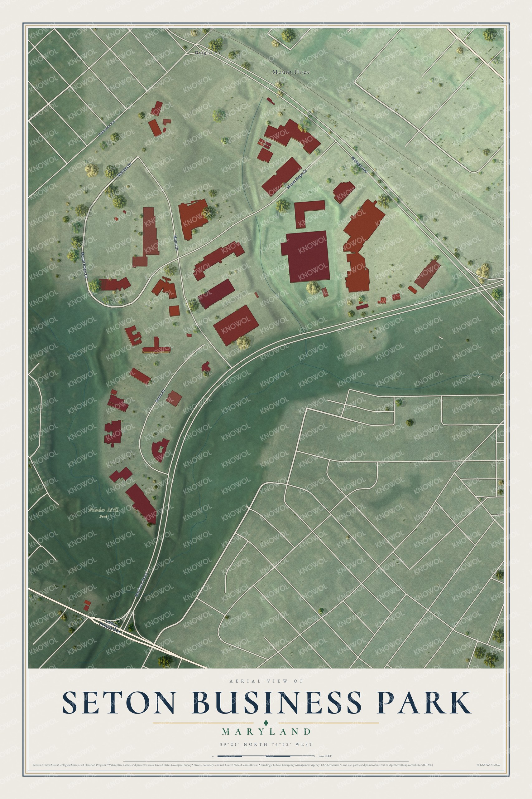 Full map of Seton Business Park, Maryland, with red buildings, printed street names and the land around them