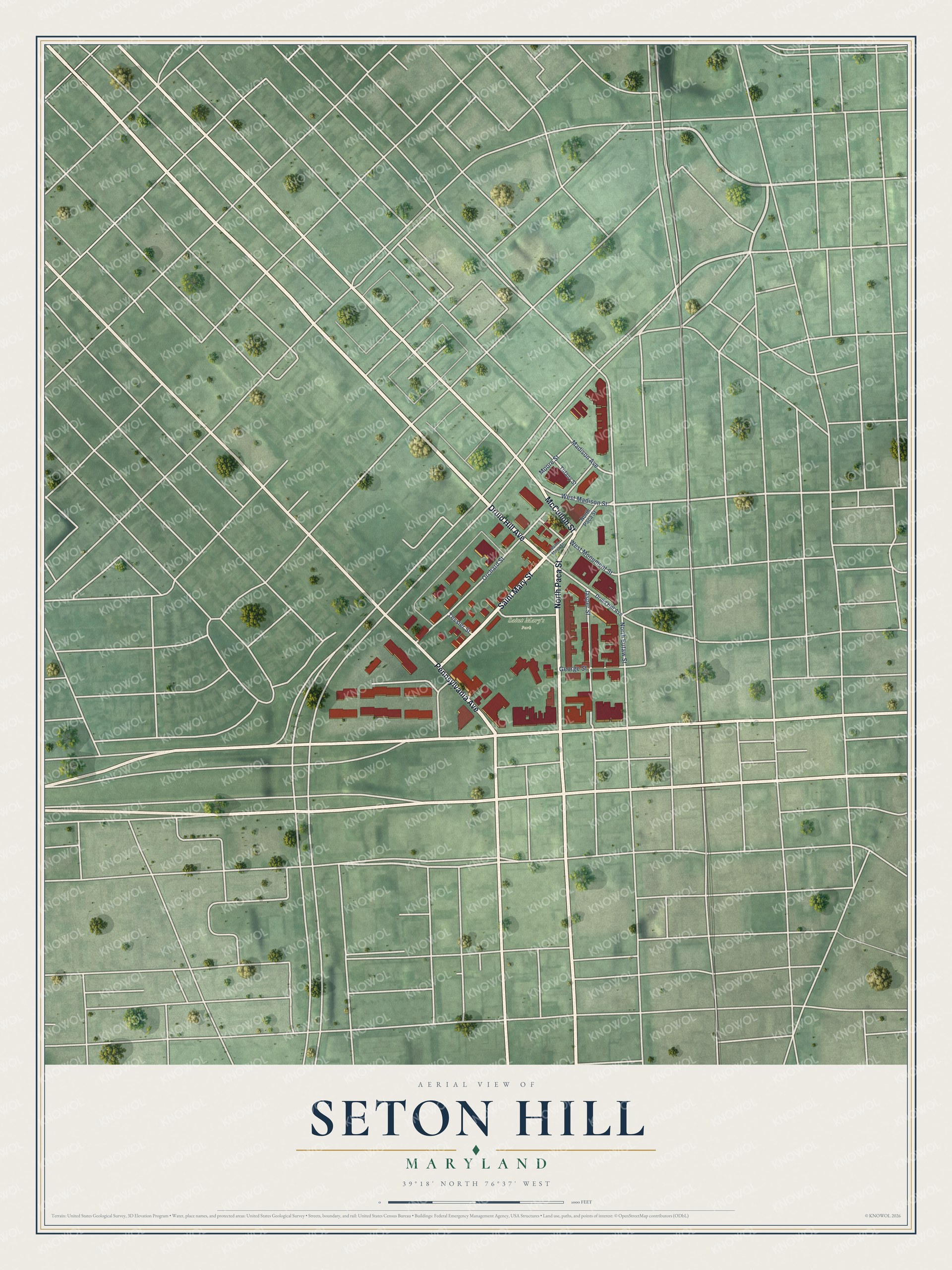 Full map of Seton Hill, Maryland, with red buildings, printed street names and the land around them