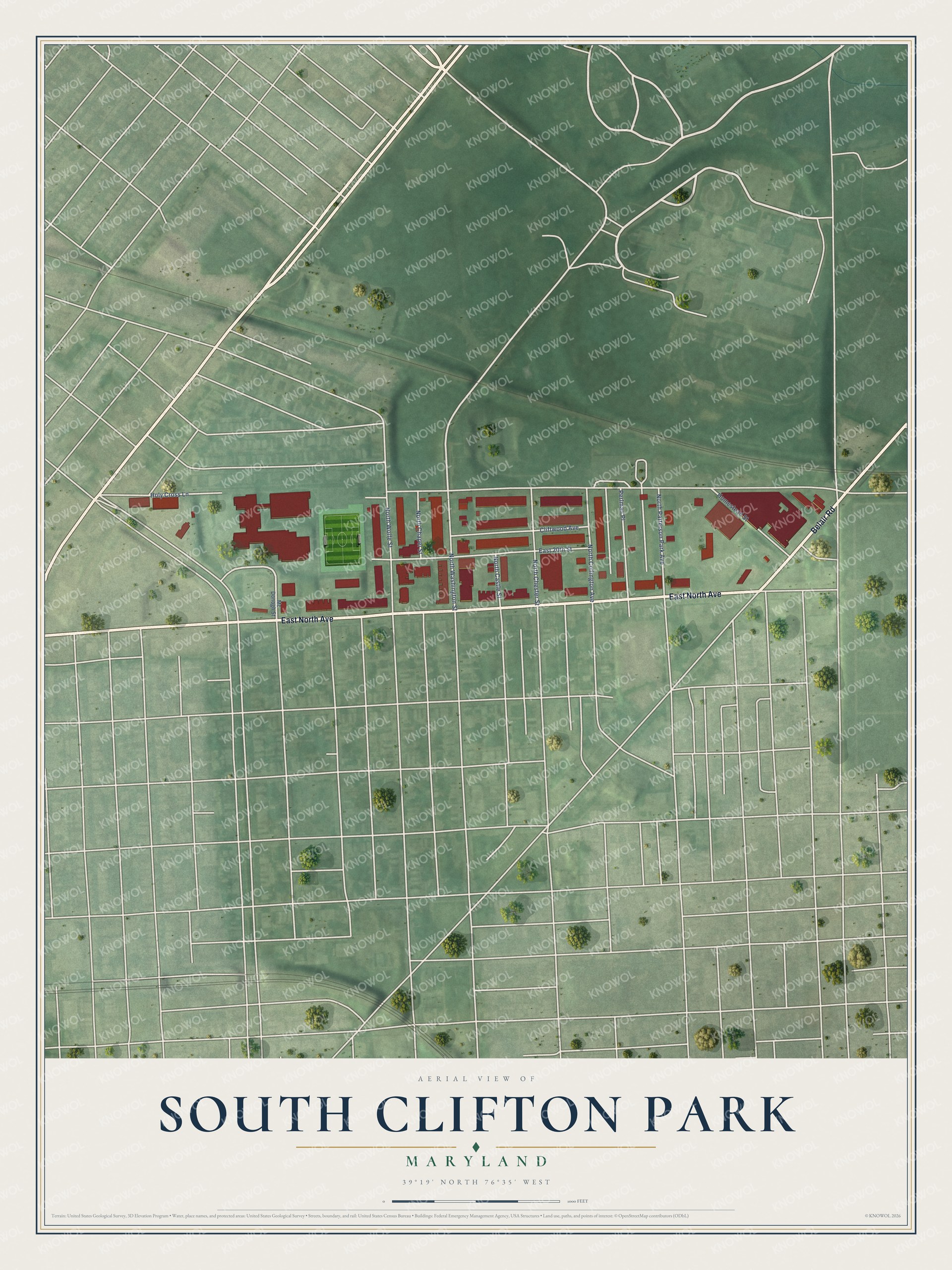 Full map of South Clifton Park, Maryland, with red buildings, printed street names and the land around them