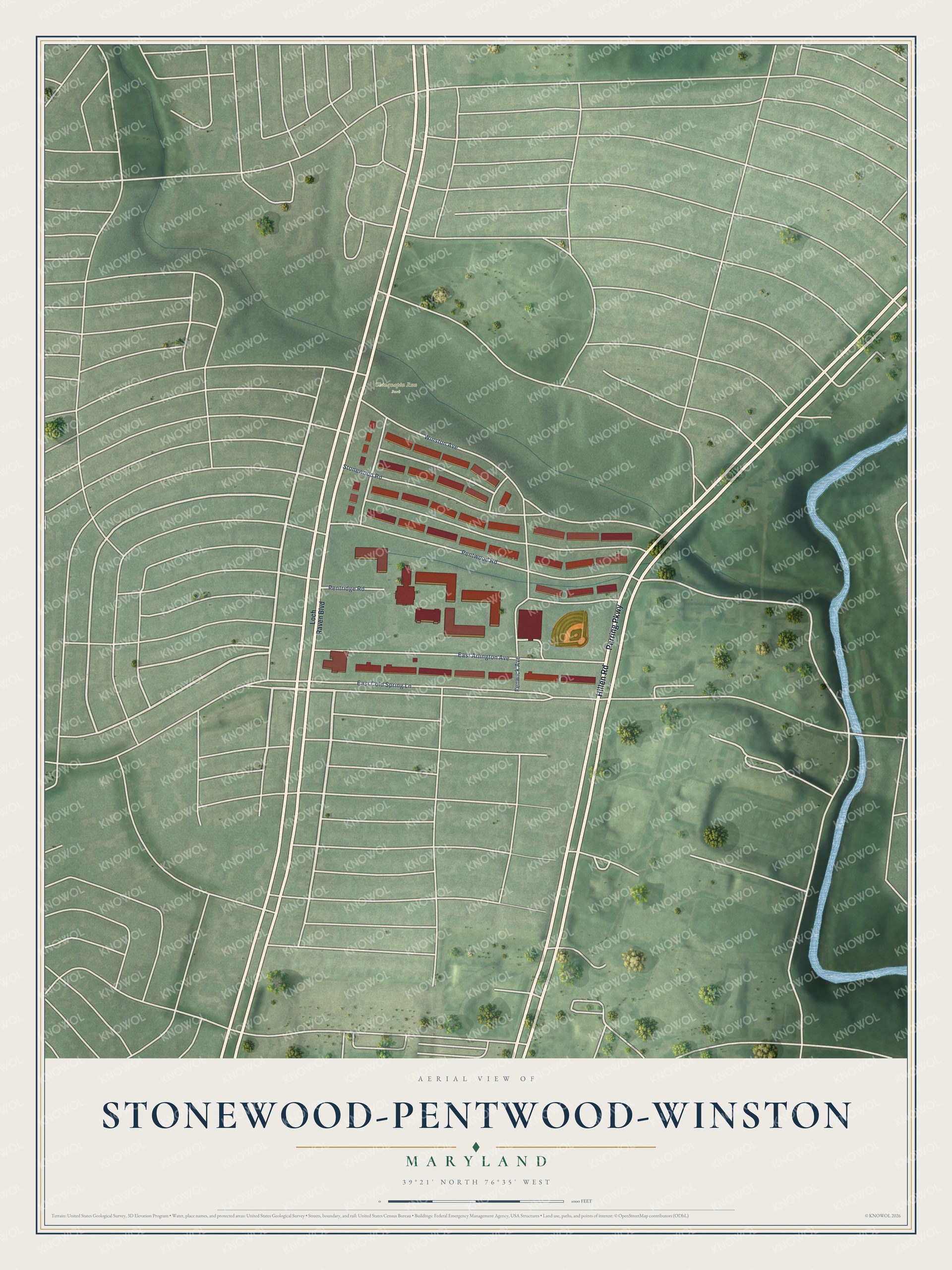 Full map of Stonewood-Pentwood-Winston, Maryland, with red buildings, printed street names and the land around them
