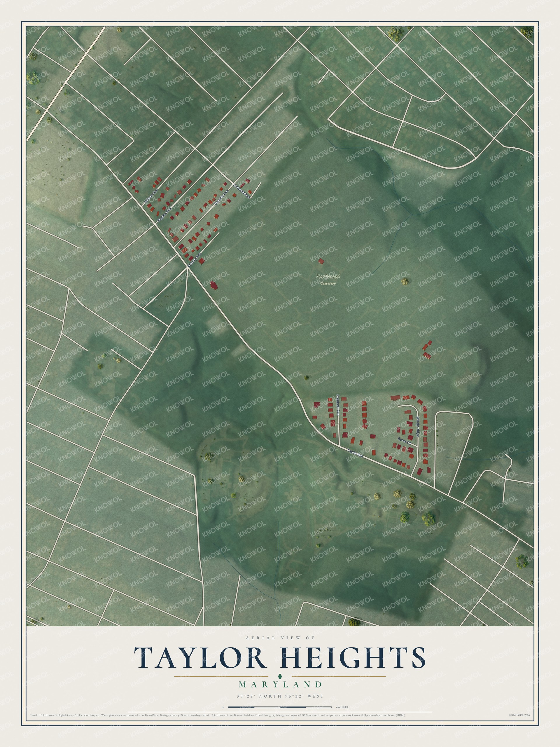 Full map of Taylor Heights, Maryland, with red buildings, printed street names and the land around them