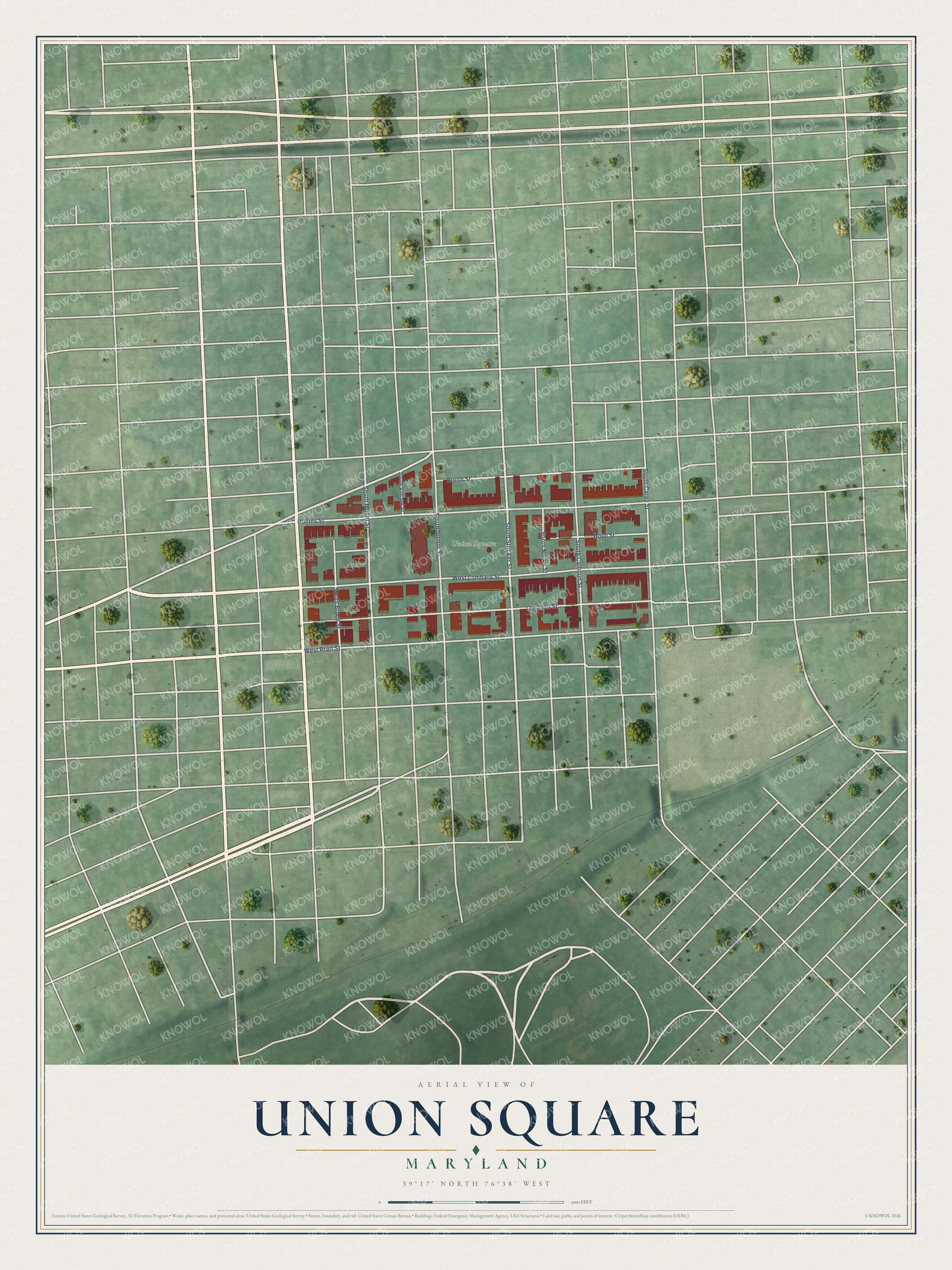 Full map of Union Square, Maryland, with red buildings, printed street names and the land around them