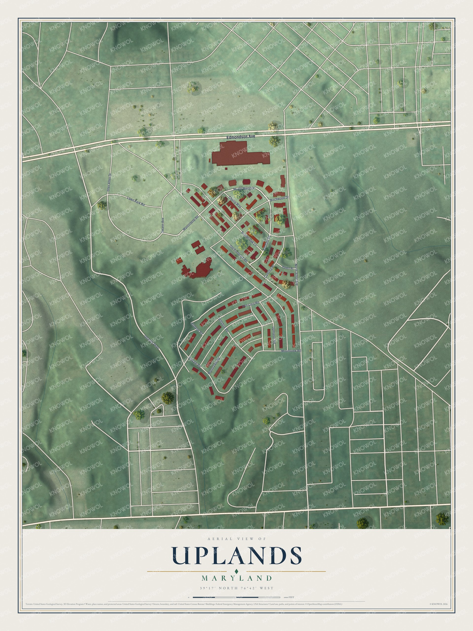 Full map of Uplands, Maryland, with red buildings, printed street names and the land around them