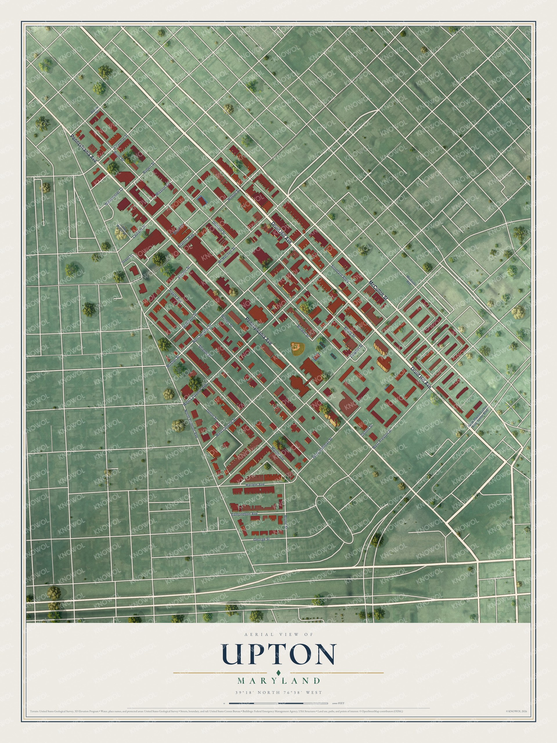 Full map of Upton, Maryland, with red buildings, printed street names and the land around them