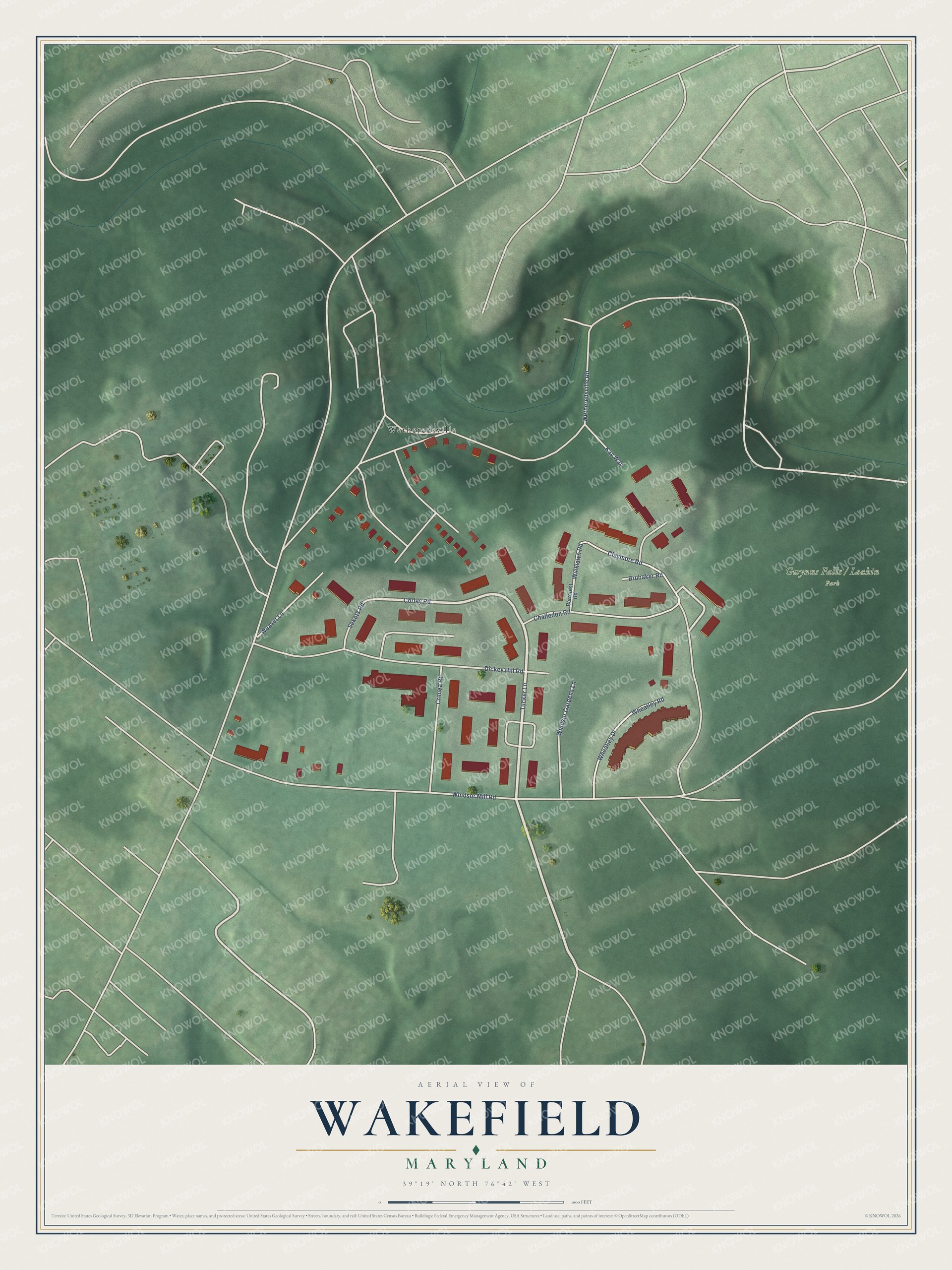 Full map of Wakefield, Maryland, with red buildings, printed street names and the land around them