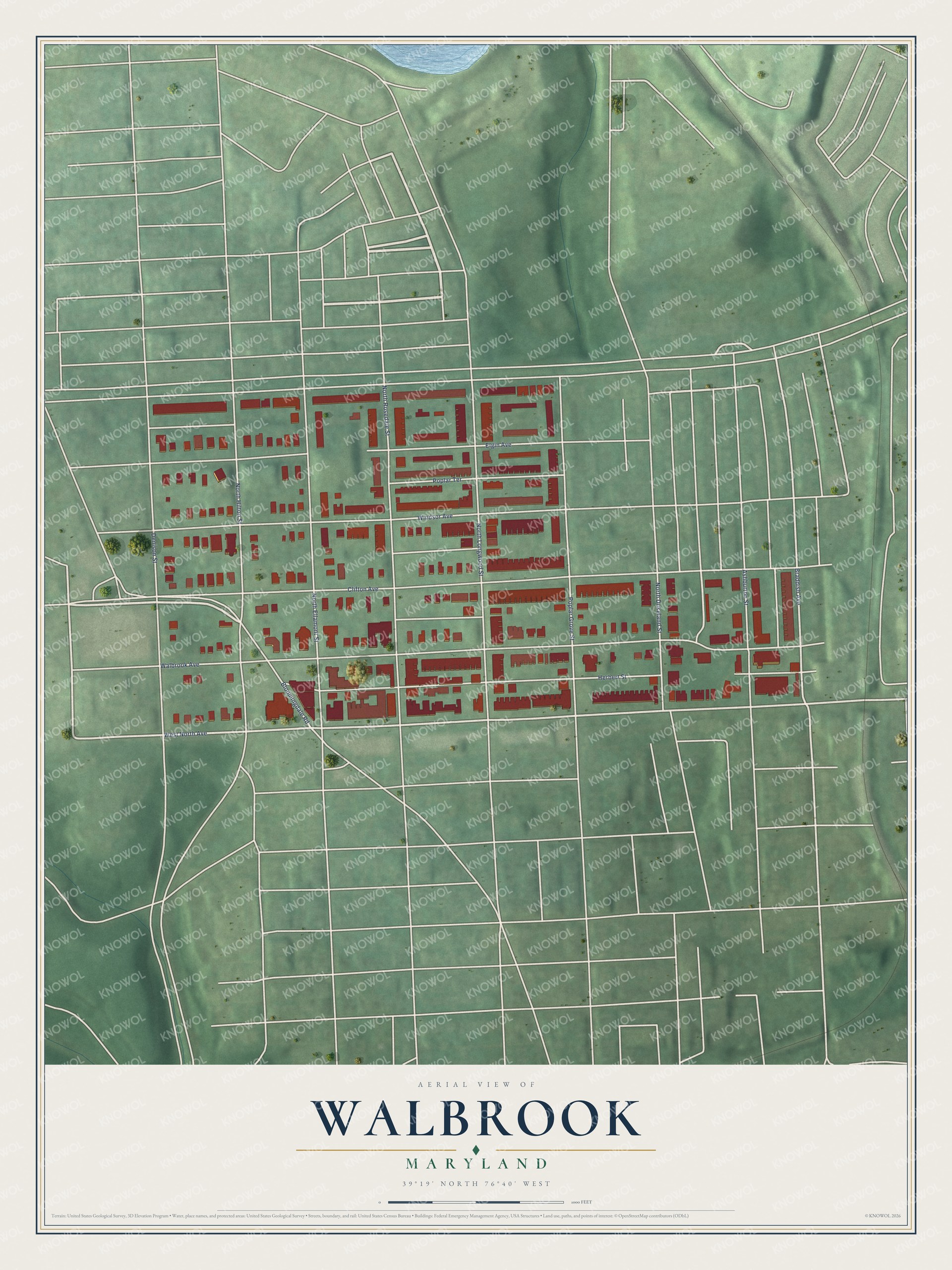 Full map of Walbrook, Maryland, with red buildings, printed street names and the land around them