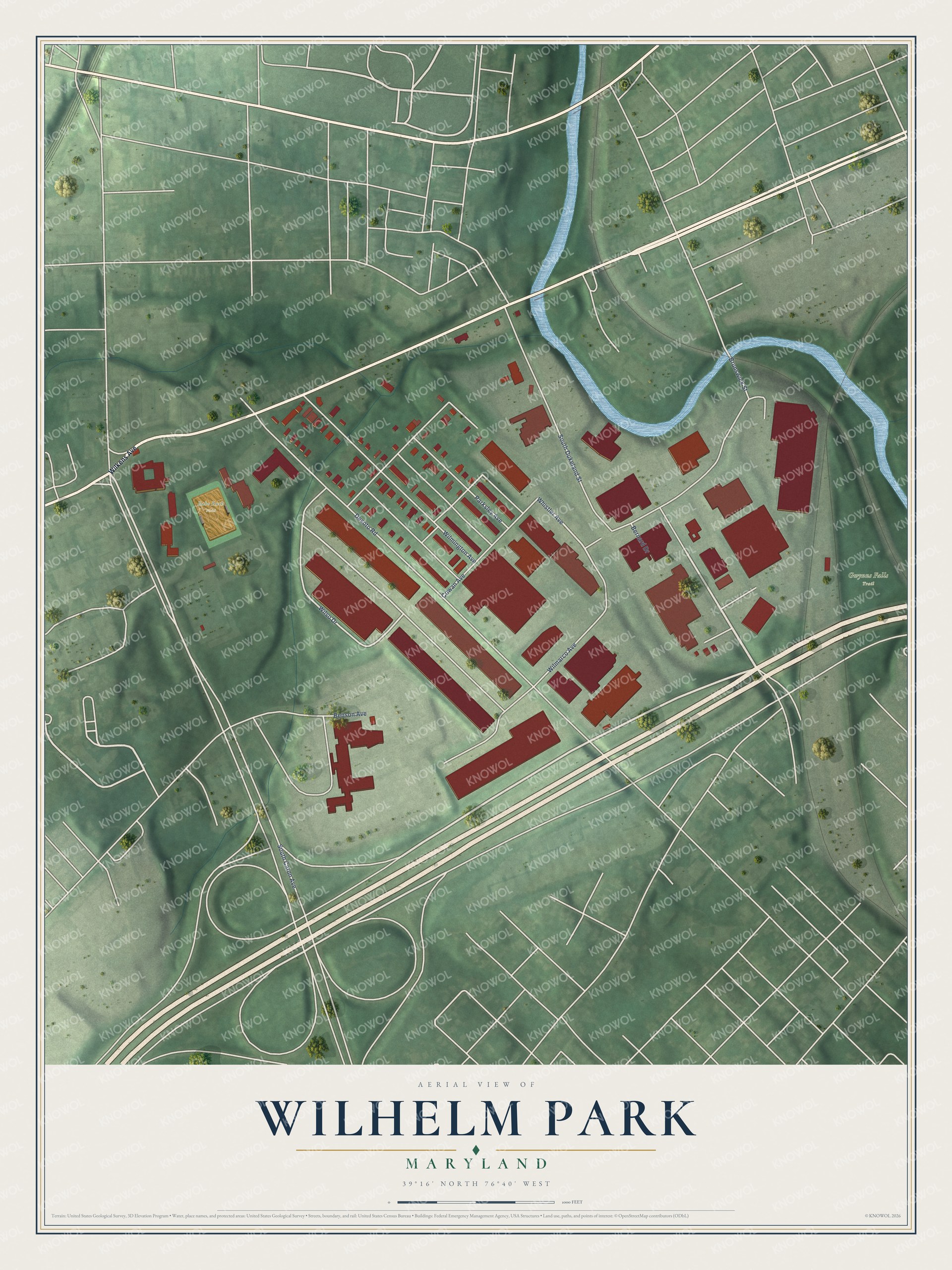 Full map of Wilhelm Park, Maryland, with red buildings, printed street names and the land around them