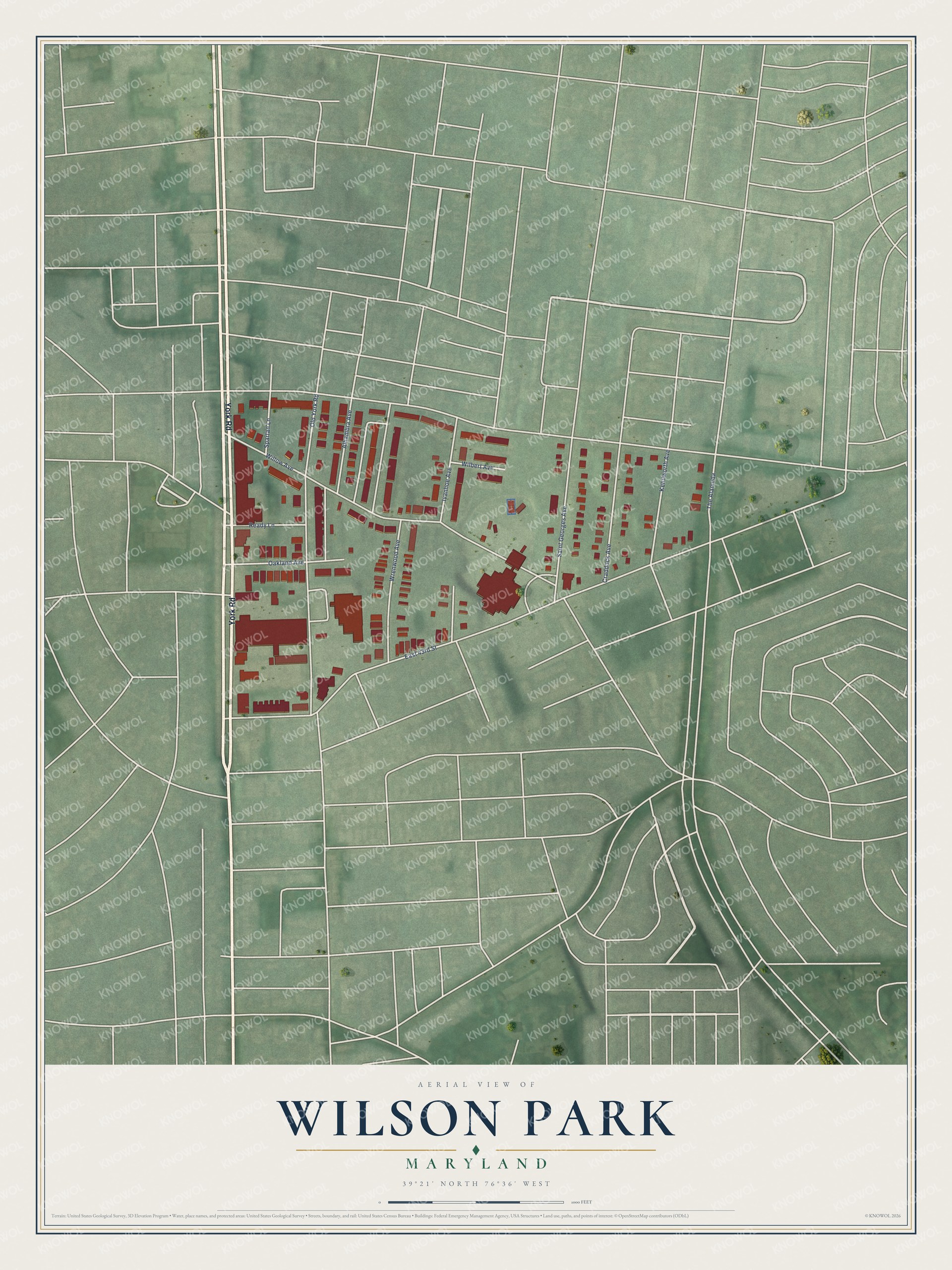 Full map of Wilson Park, Maryland, with red buildings, printed street names and the land around them