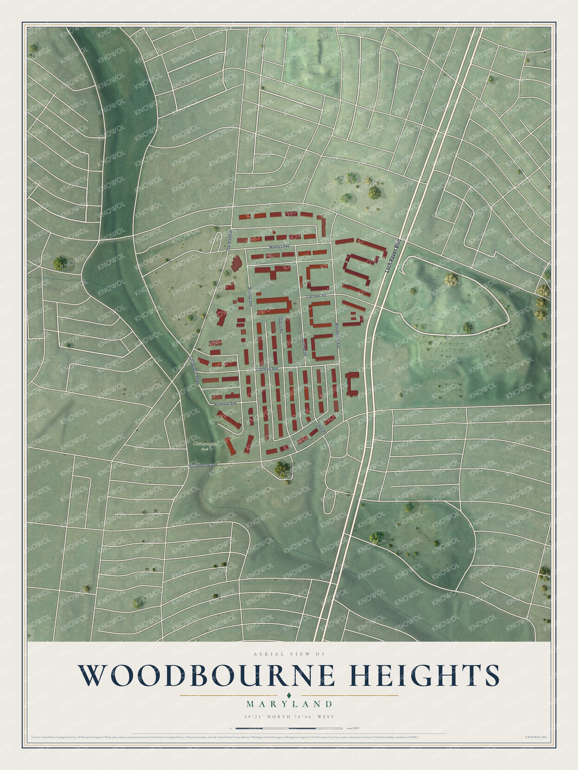 Full map of Woodbourne Heights, Maryland, with red buildings, printed street names and the land around them
