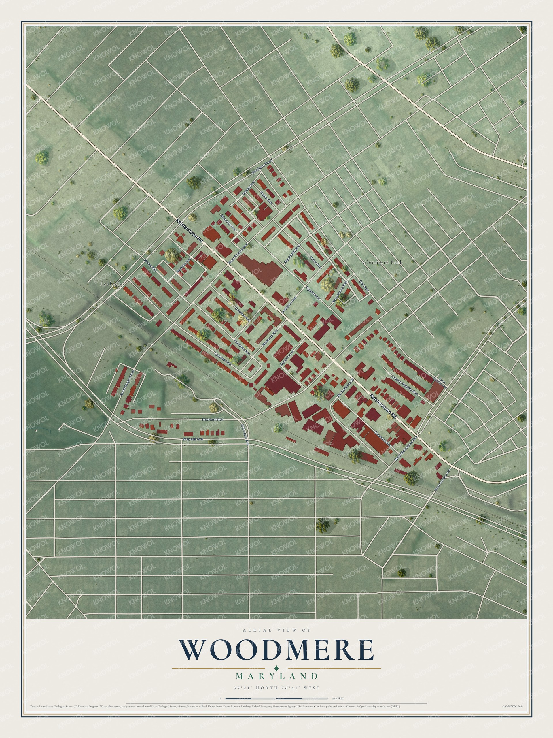 Full map of Woodmere, Maryland, with red buildings, printed street names and the land around them