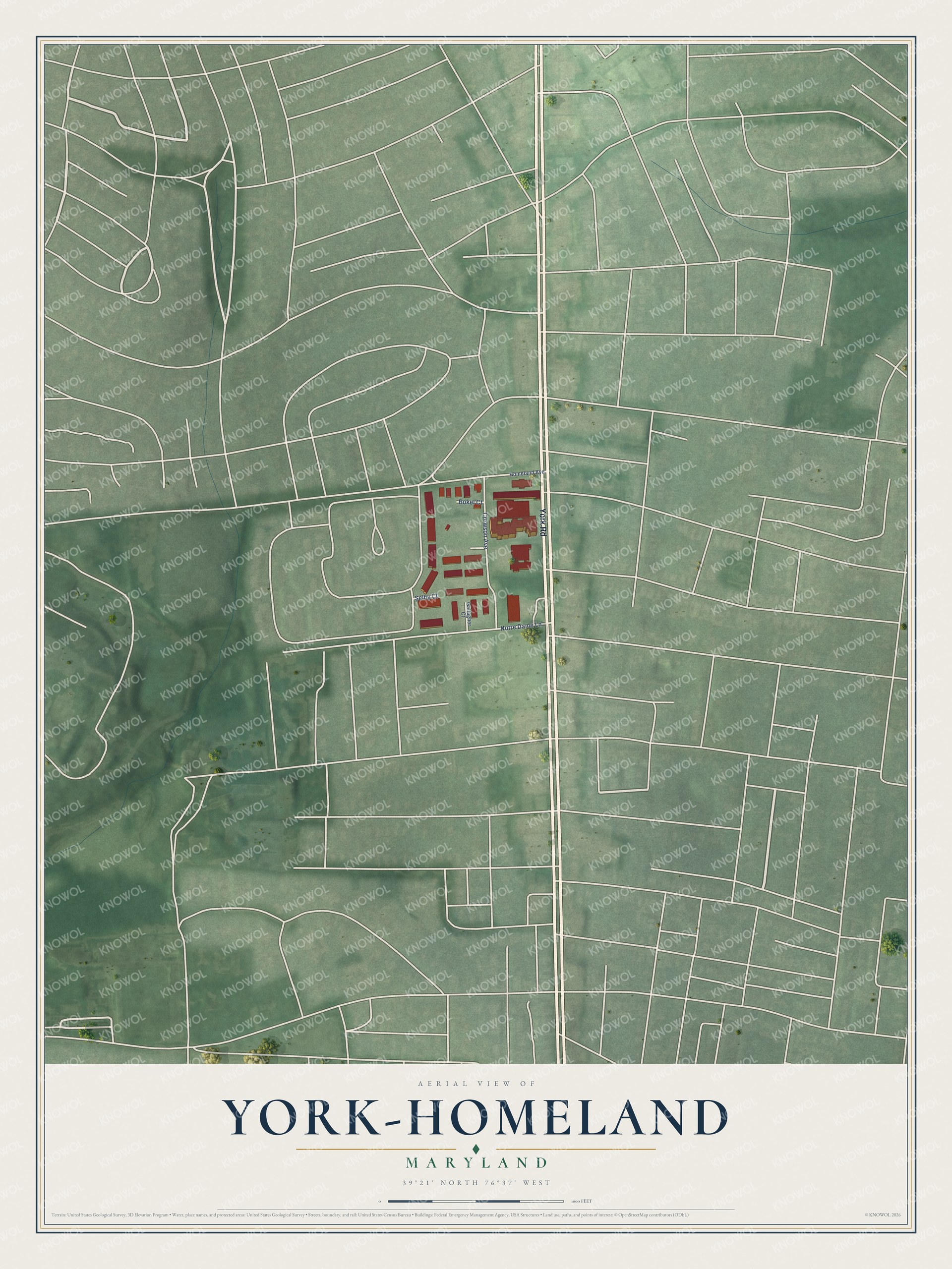 Full map of York-Homeland, Maryland, with red buildings, printed street names and the land around them