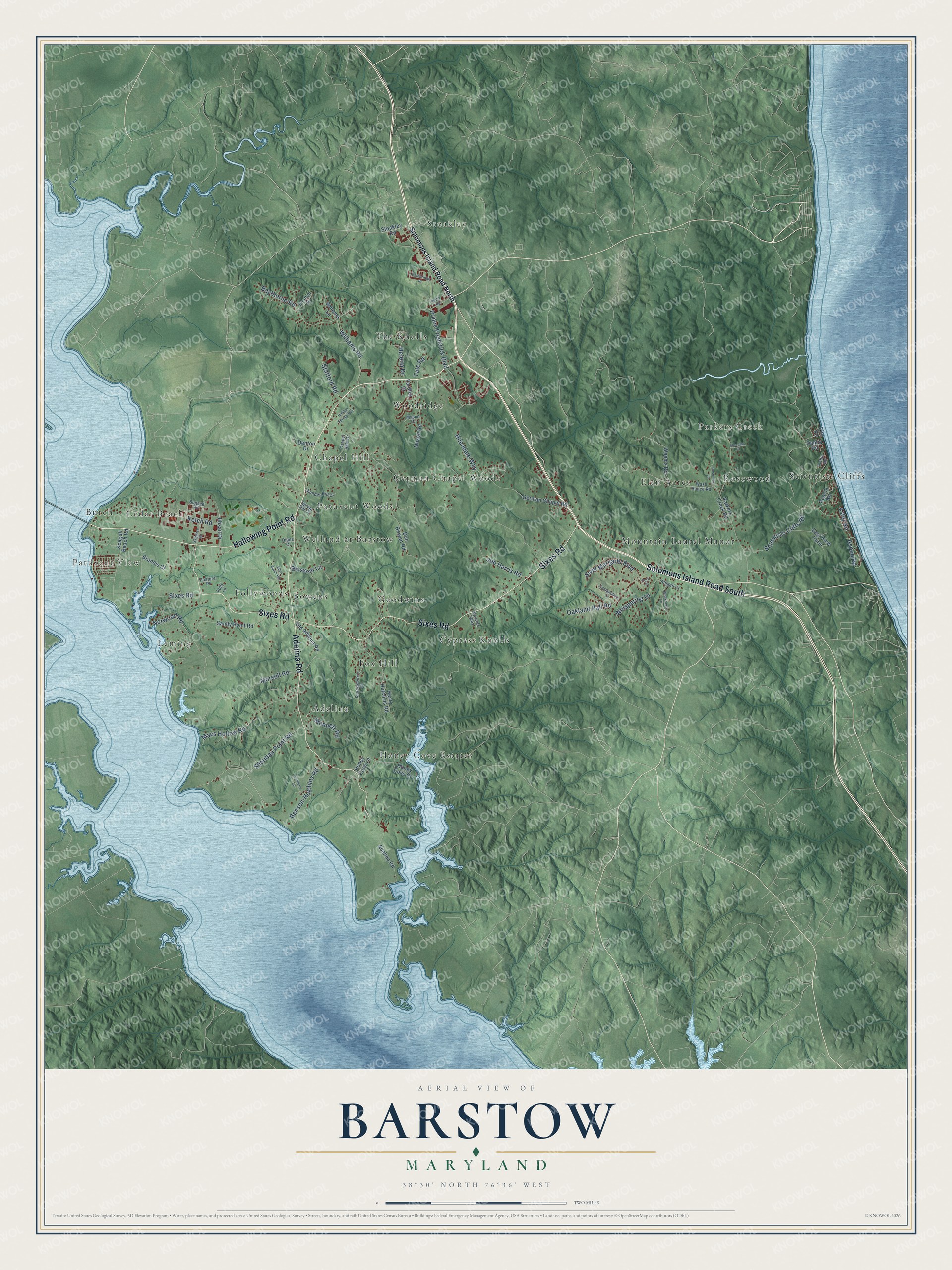 Full map of Barstow, Maryland, with red buildings, printed street names and the land around them