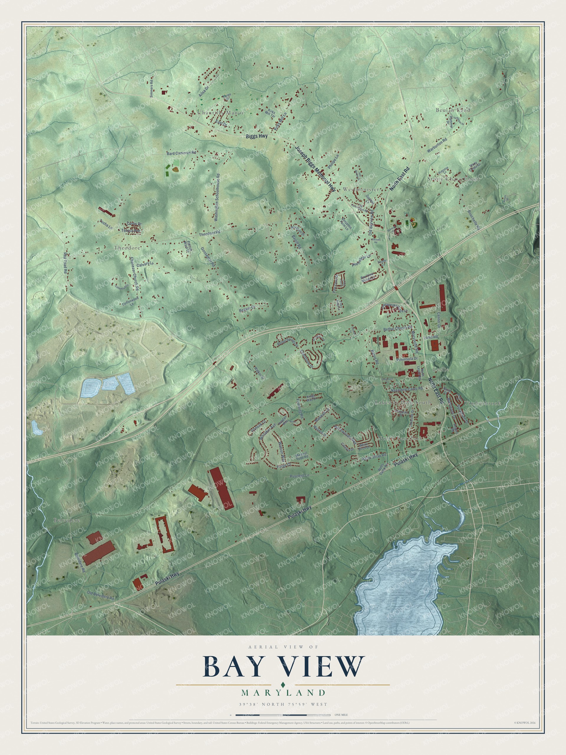 Full map of Bay View, Maryland, with red buildings, printed street names and the land around them