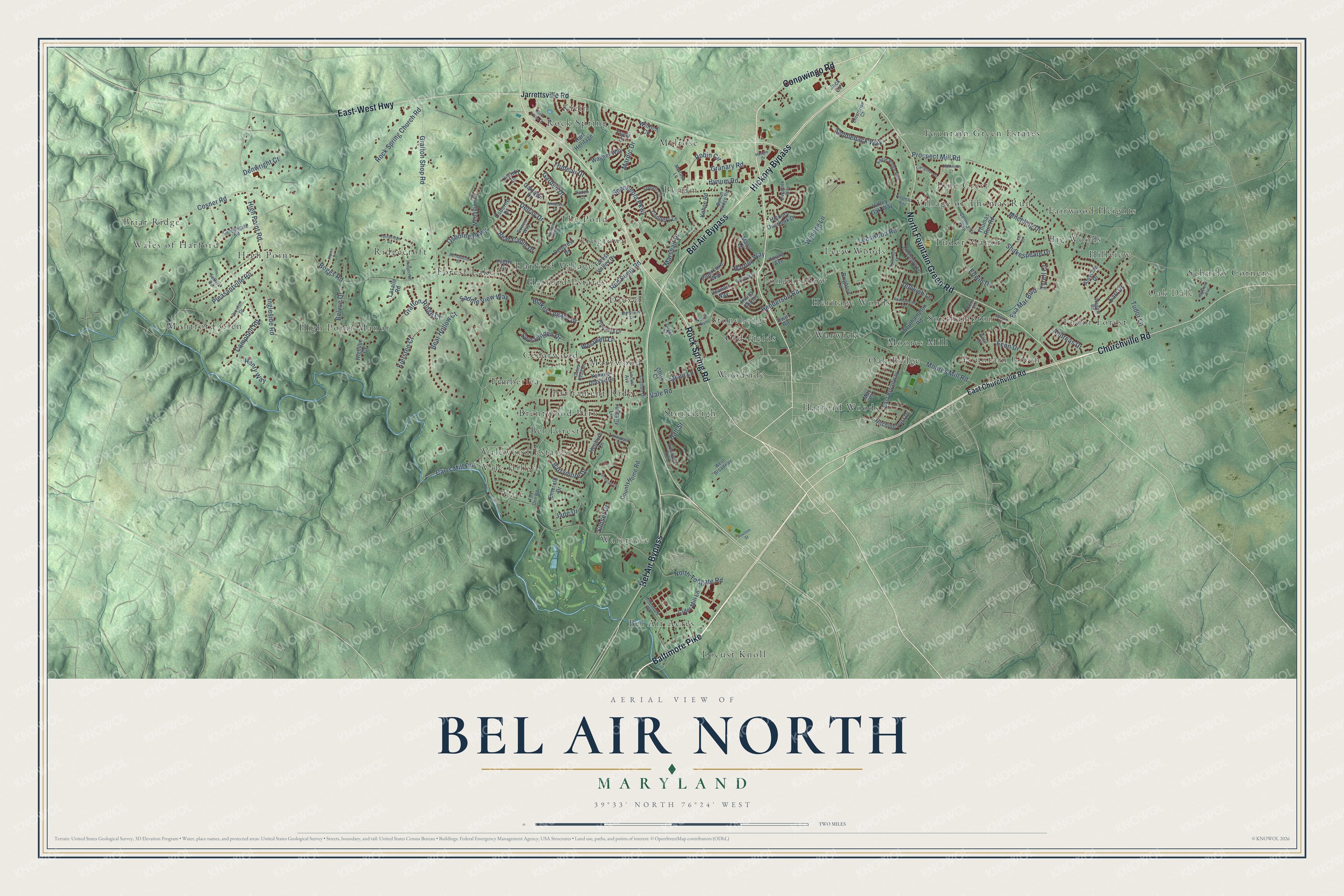 Full map of Bel Air North, Maryland, with red buildings, printed street names and the land around them