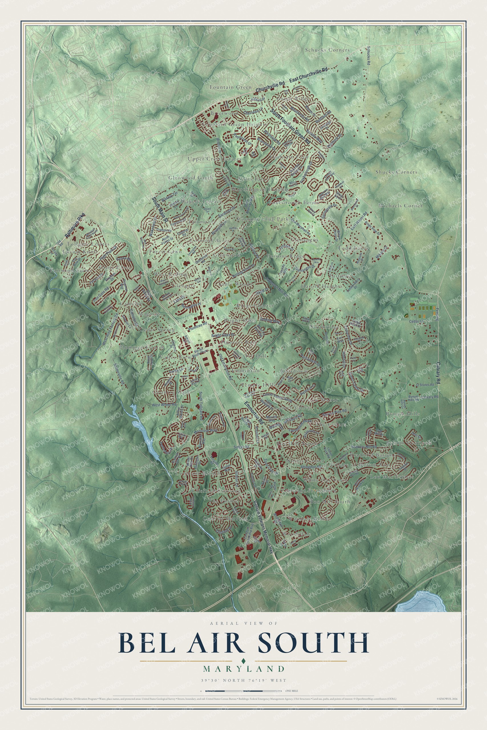 Full map of Bel Air South, Maryland, with red buildings, printed street names and the land around them
