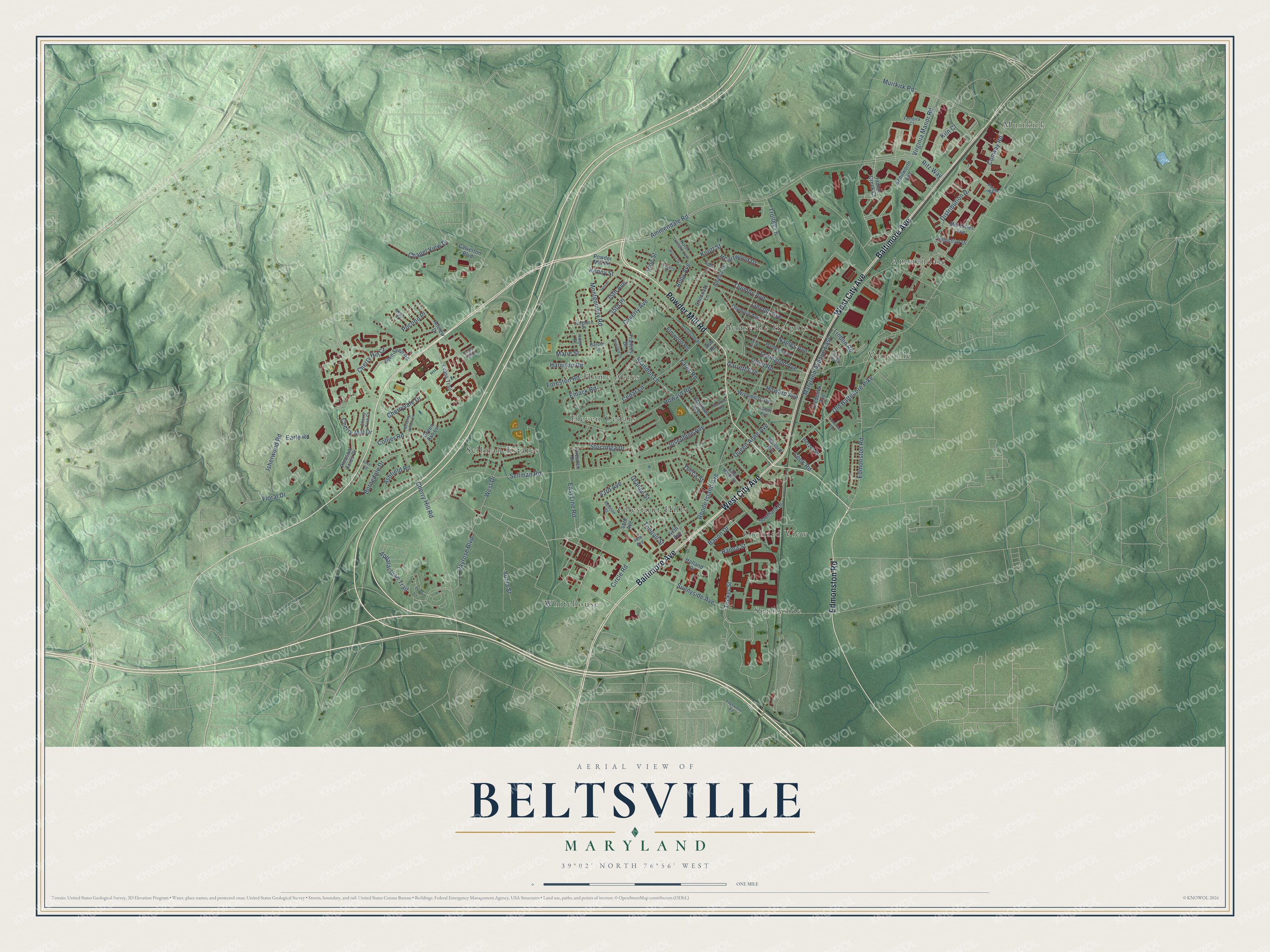 Full map of Beltsville, Maryland, with red buildings, printed street names and the land around them