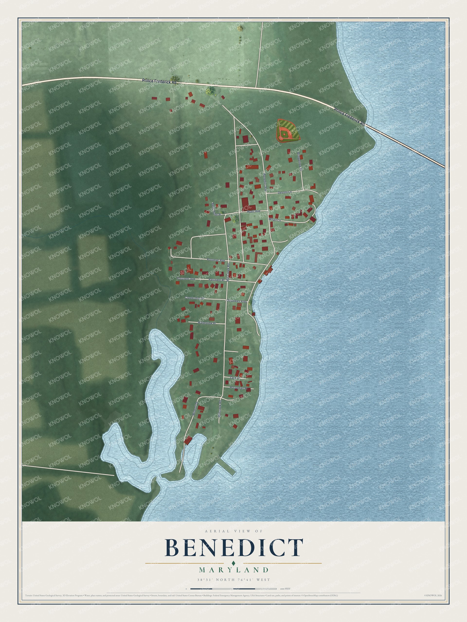 Full map of Benedict, Maryland, with red buildings, printed street names and the land around them