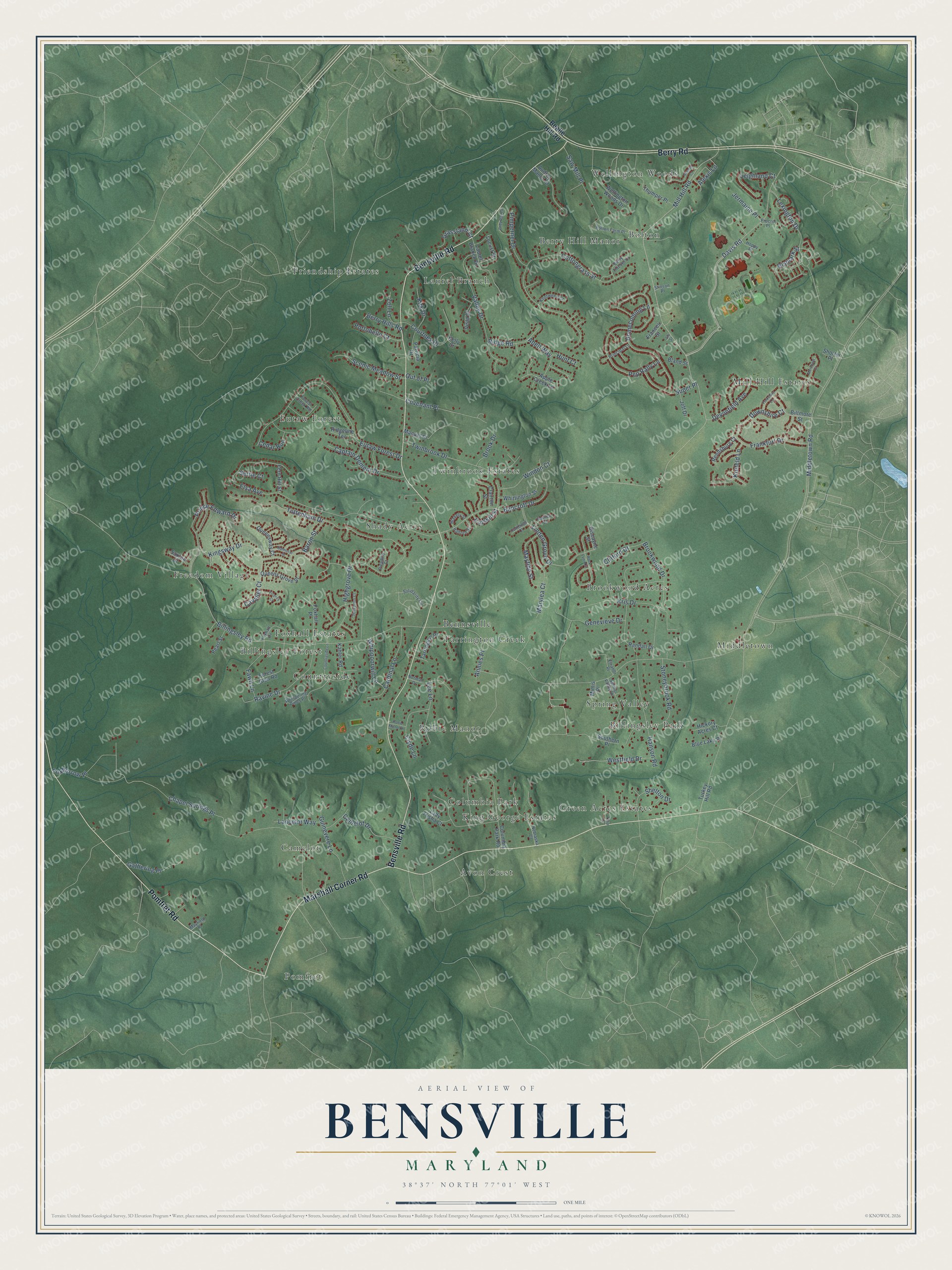 Full map of Bensville, Maryland, with red buildings, printed street names and the land around them