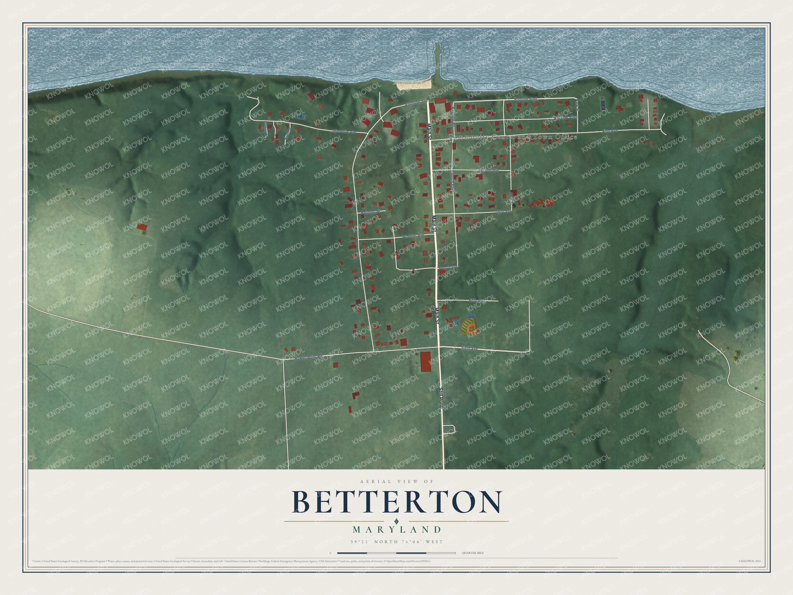 Full map of Betterton, Maryland, with red buildings, printed street names and the land around them