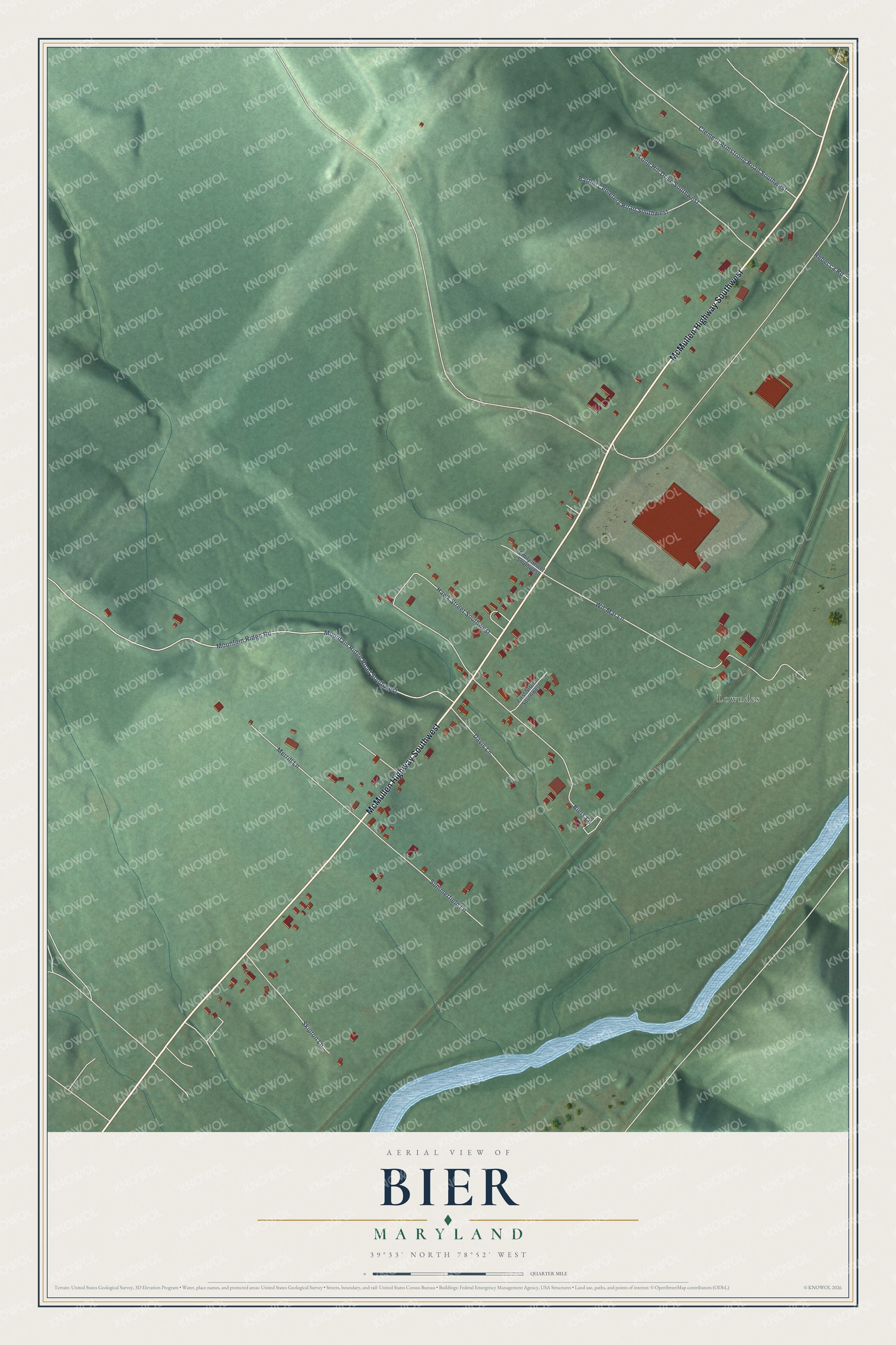 Full map of Bier, Maryland, with red buildings, printed street names and the land around them