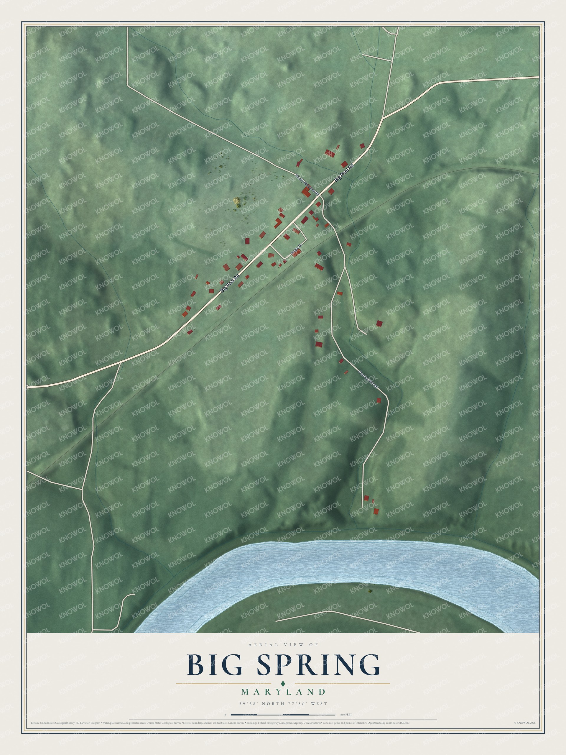 Full map of Big Spring, Maryland, with red buildings, printed street names and the land around them