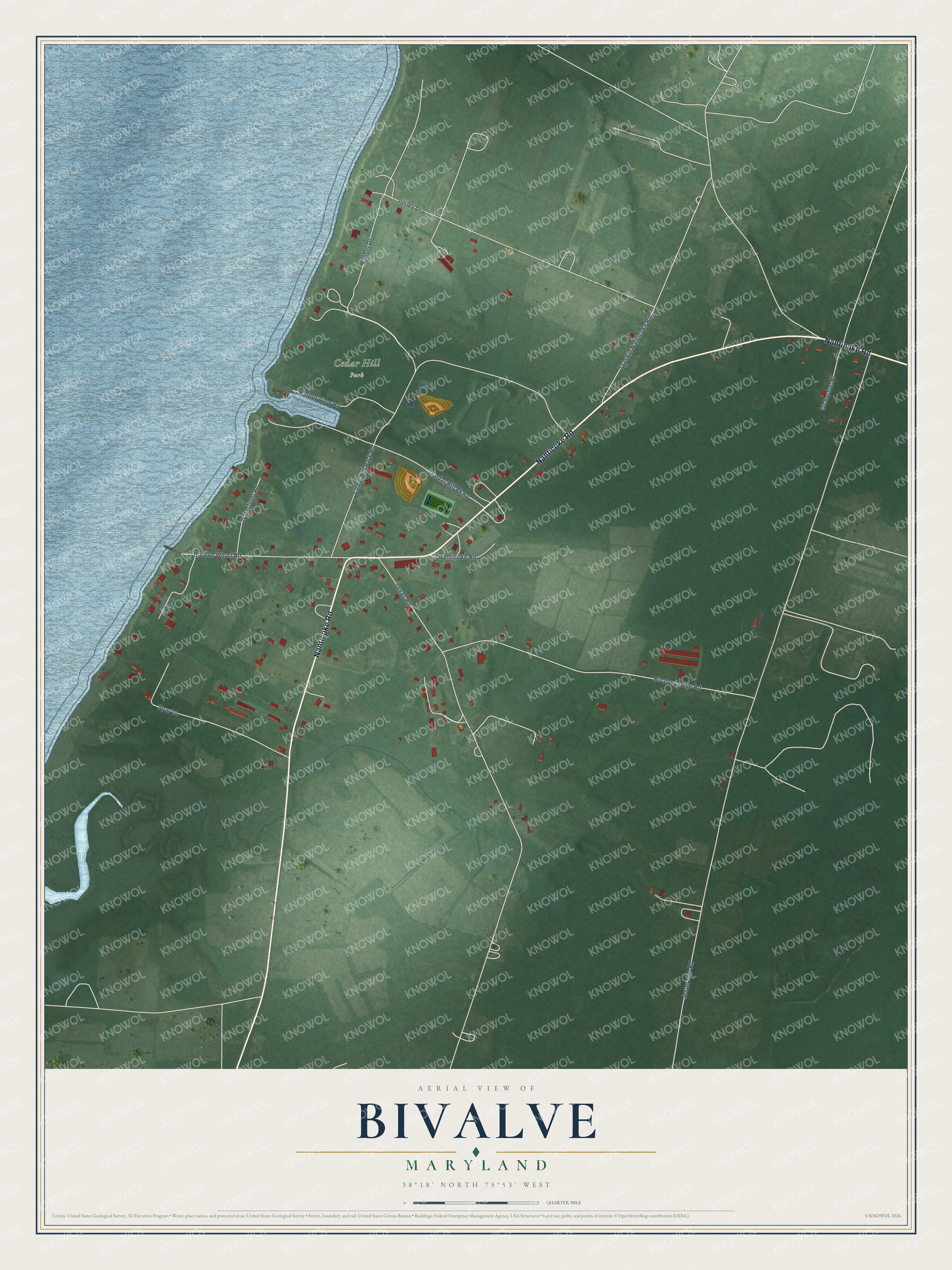 Full map of Bivalve, Maryland, with red buildings, printed street names and the land around them