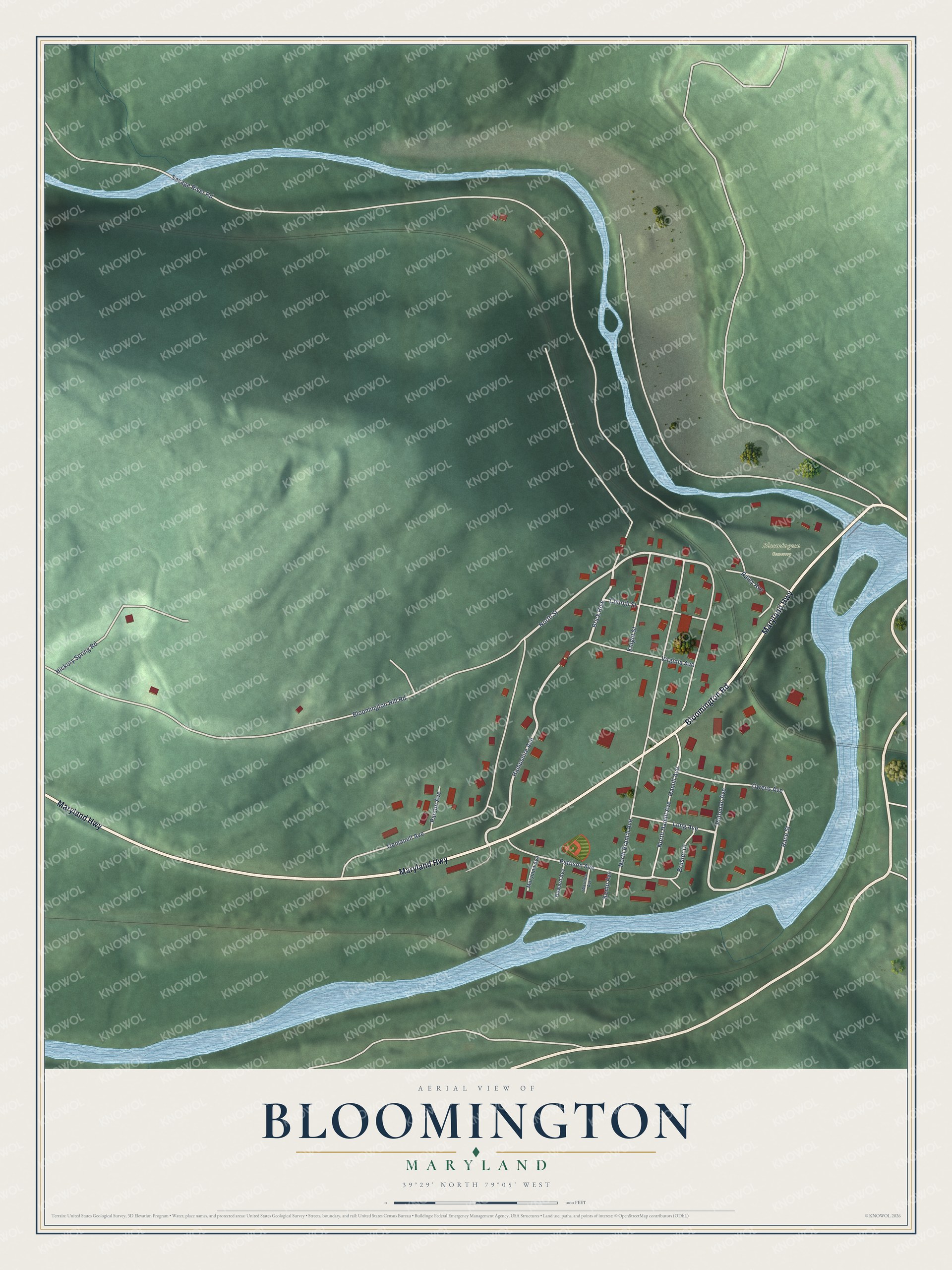 Full map of Bloomington, Maryland, with red buildings, printed street names and the land around them