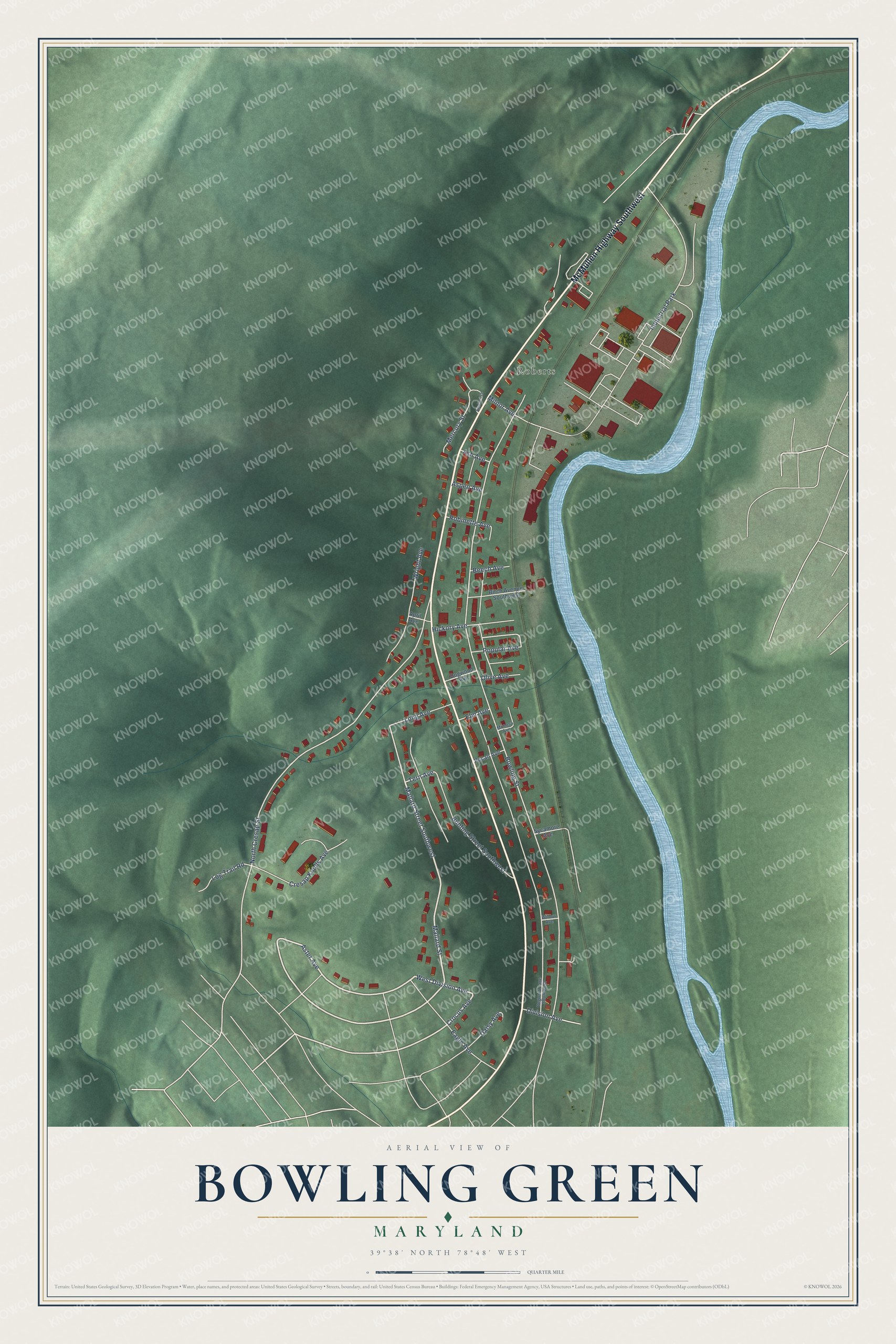 Full map of Bowling Green, Maryland, with red buildings, printed street names and the land around them