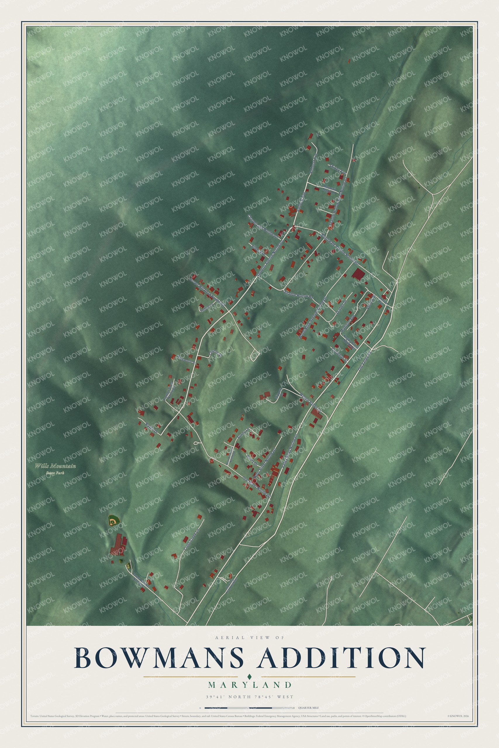 Full map of Bowmans Addition, Maryland, with red buildings, printed street names and the land around them