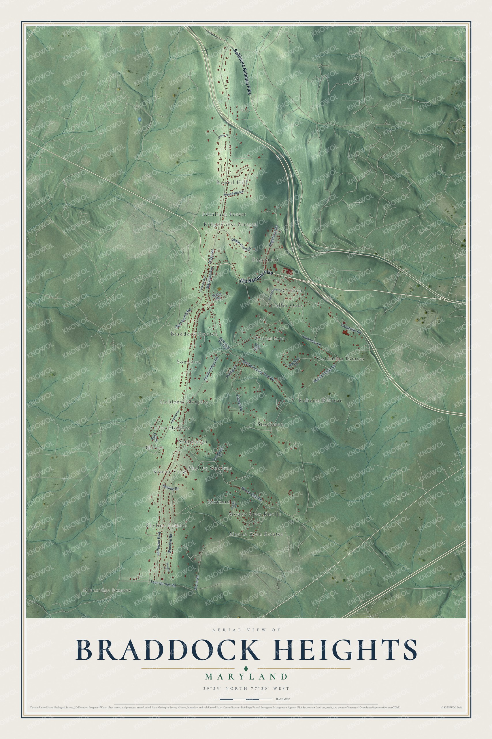 Full map of Braddock Heights, Maryland, with red buildings, printed street names and the land around them