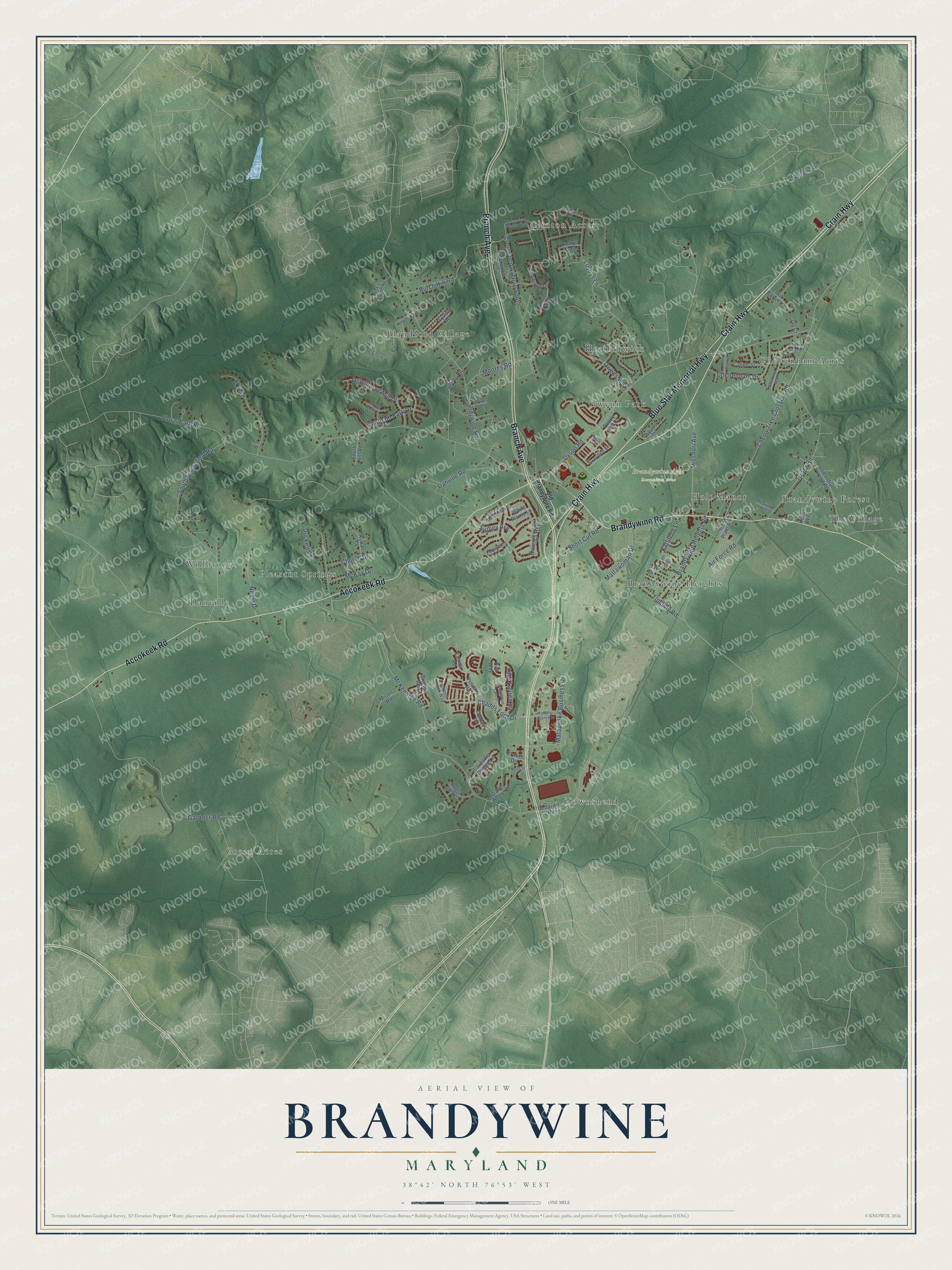 Full map of Brandywine, Maryland, with red buildings, printed street names and the land around them