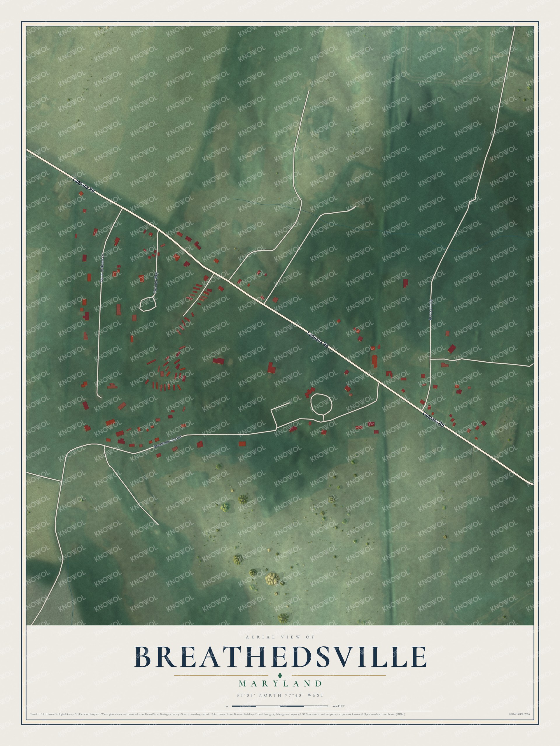 Full map of Breathedsville, Maryland, with red buildings, printed street names and the land around them