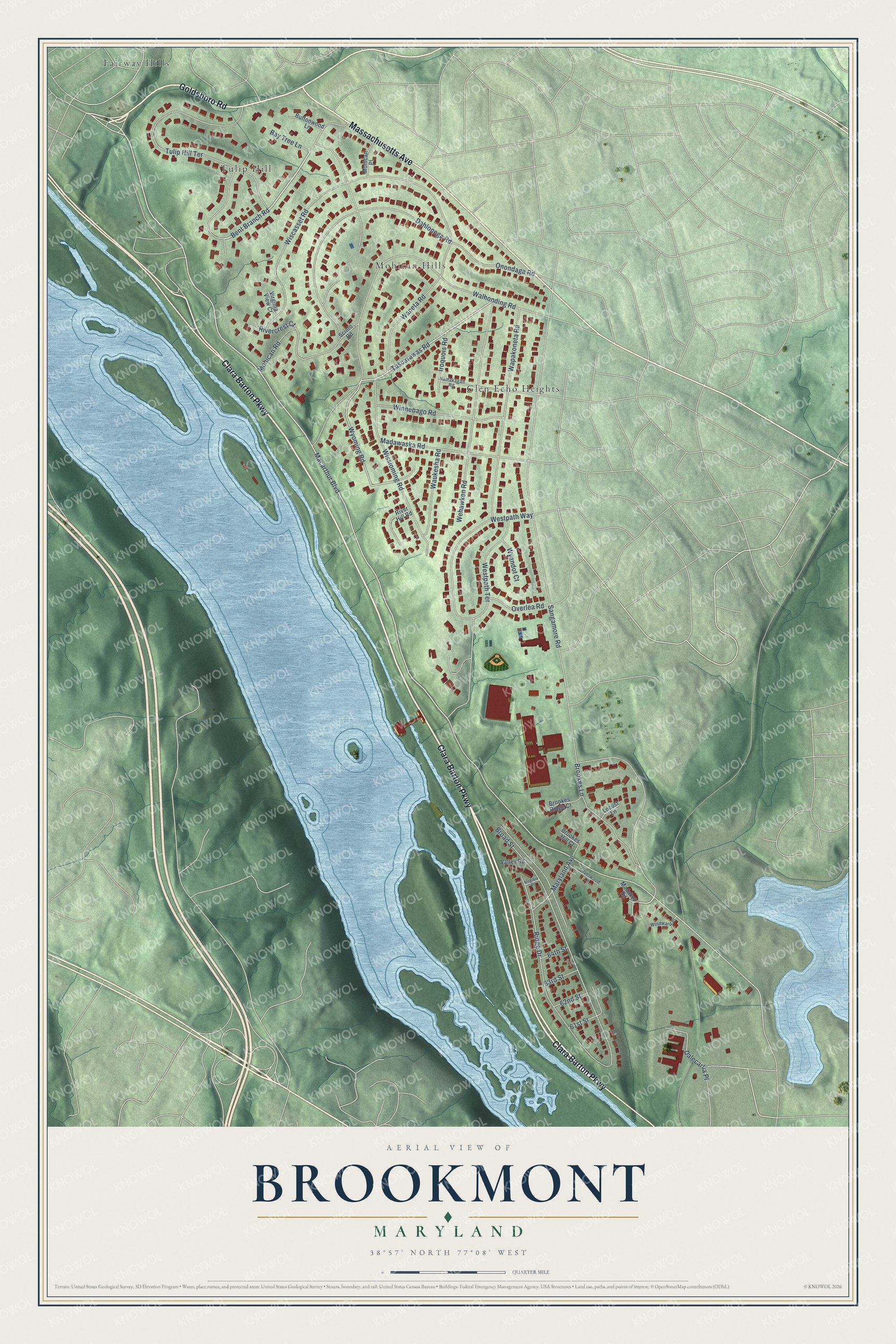 Full map of Brookmont, Maryland, with red buildings, printed street names and the land around them