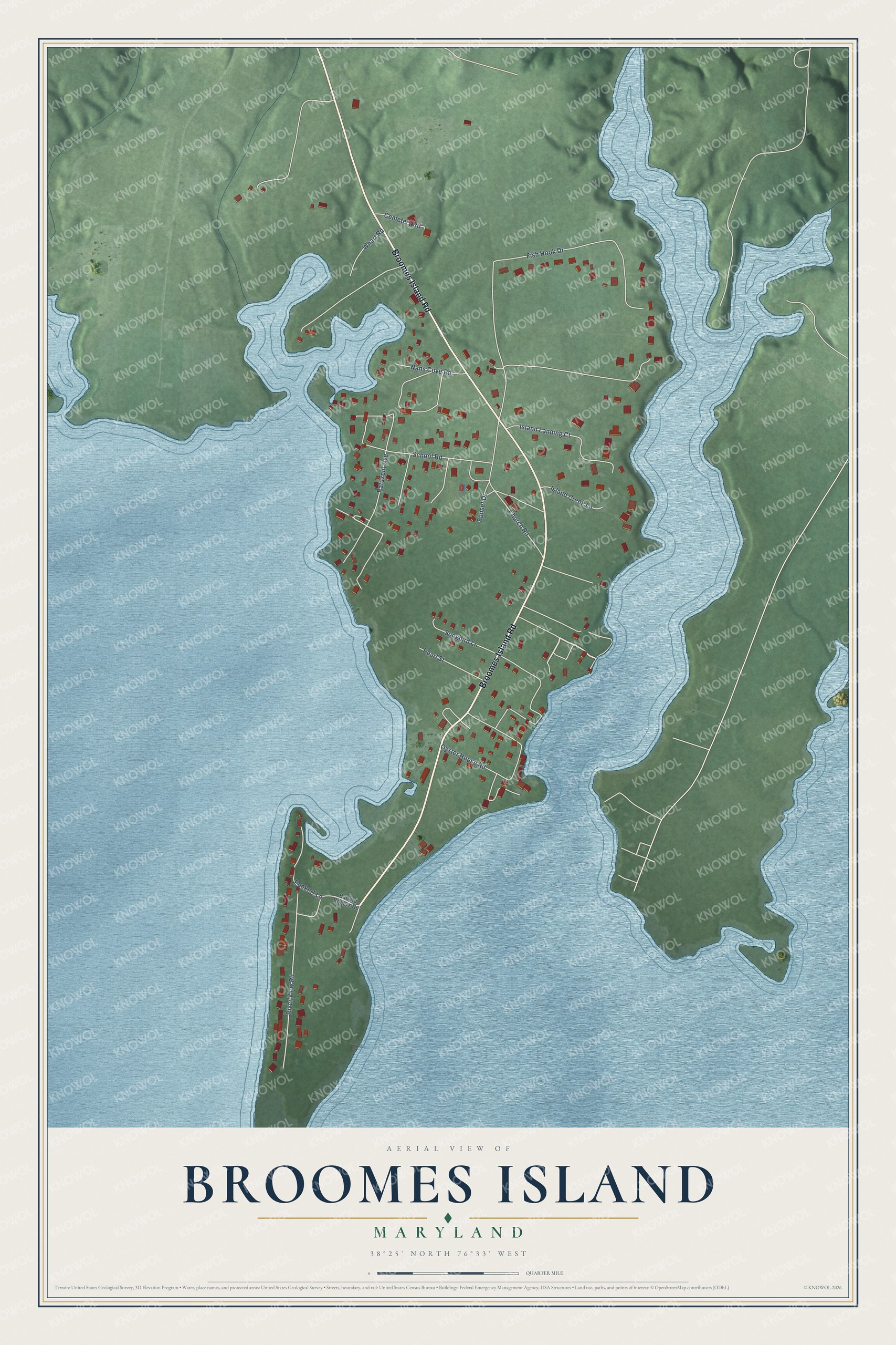 Full map of Broomes Island, Maryland, with red buildings, printed street names and the land around them