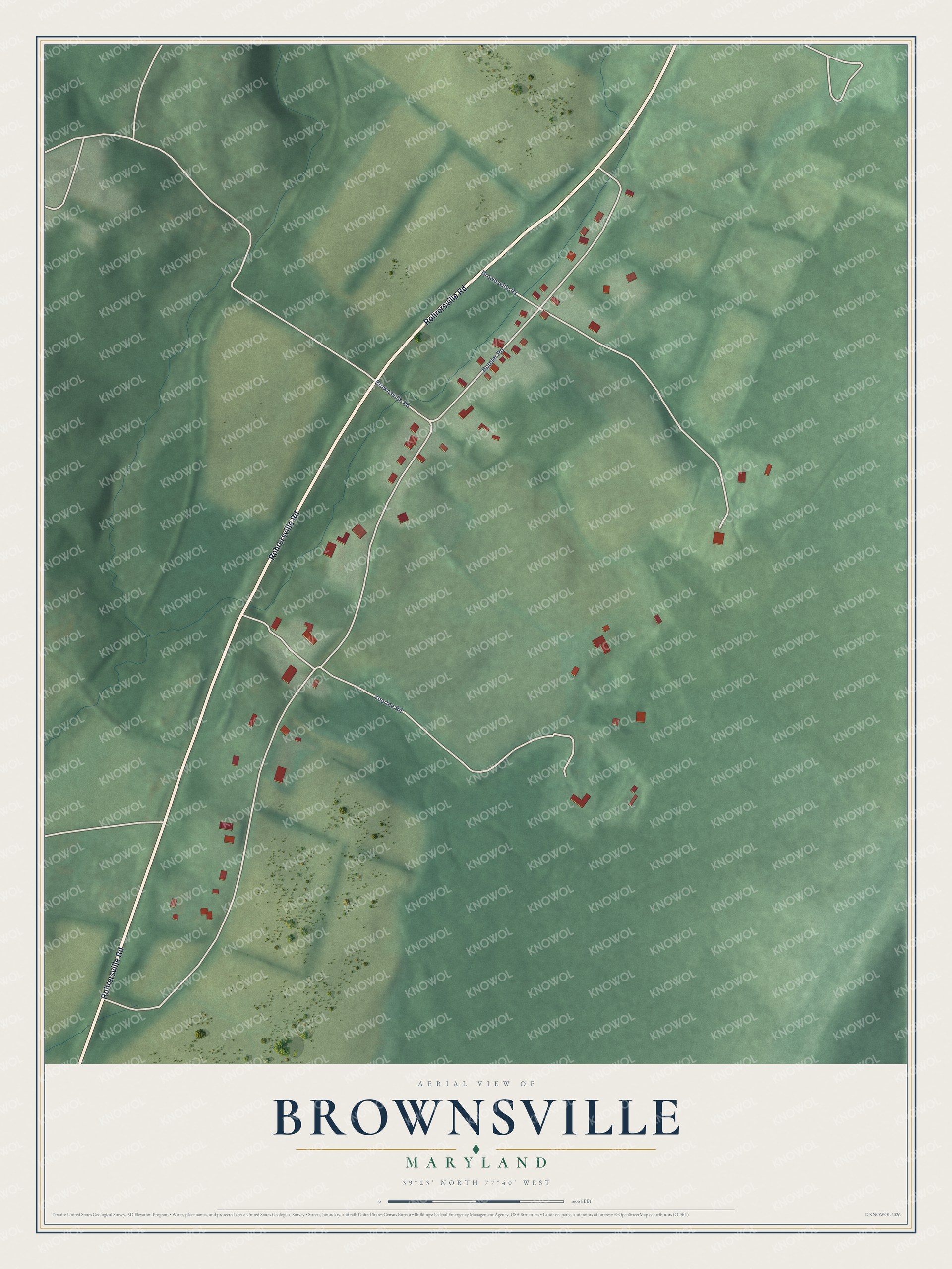 Full map of Brownsville, Maryland, with red buildings, printed street names and the land around them