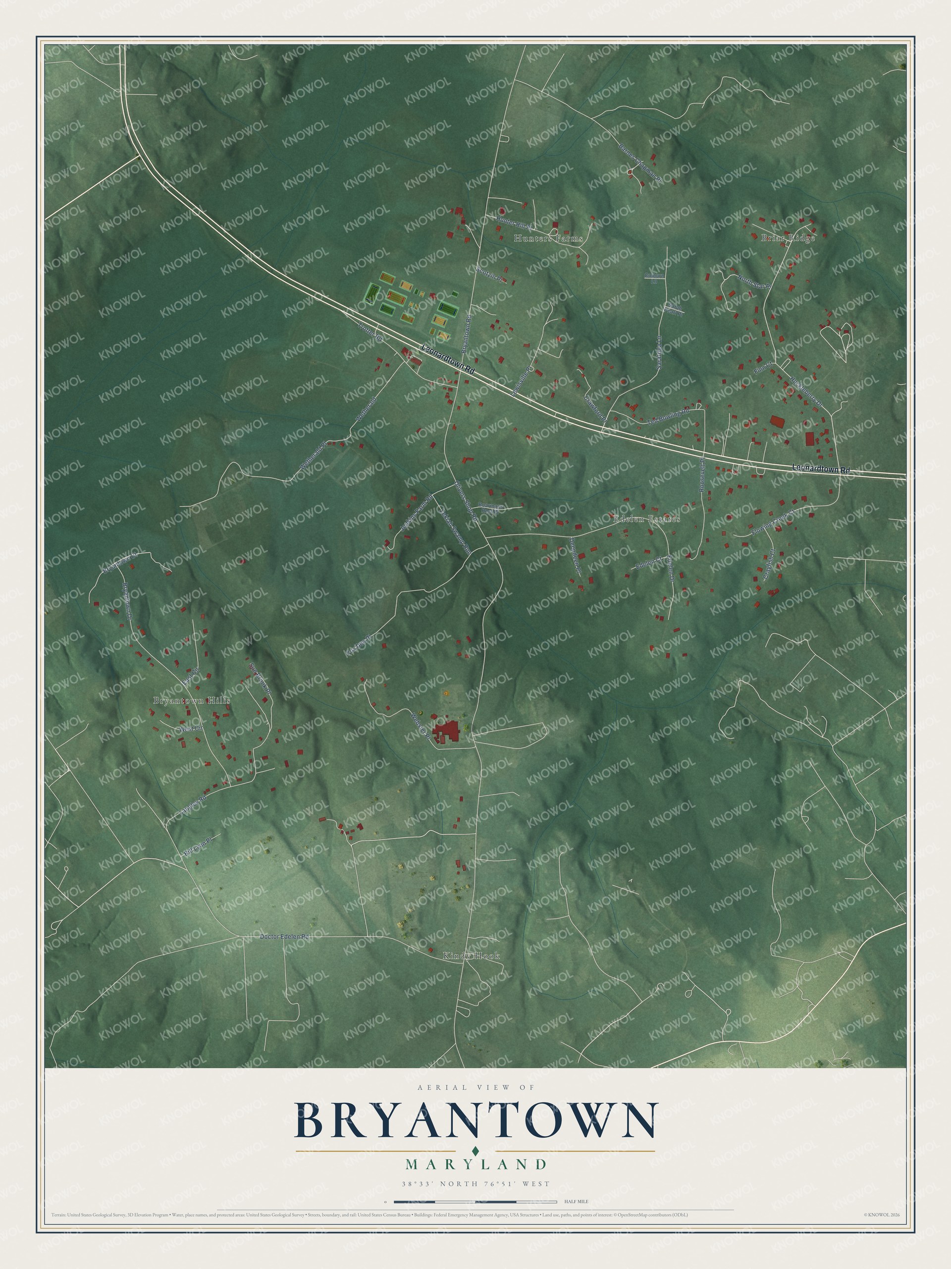 Full map of Bryantown, Maryland, with red buildings, printed street names and the land around them