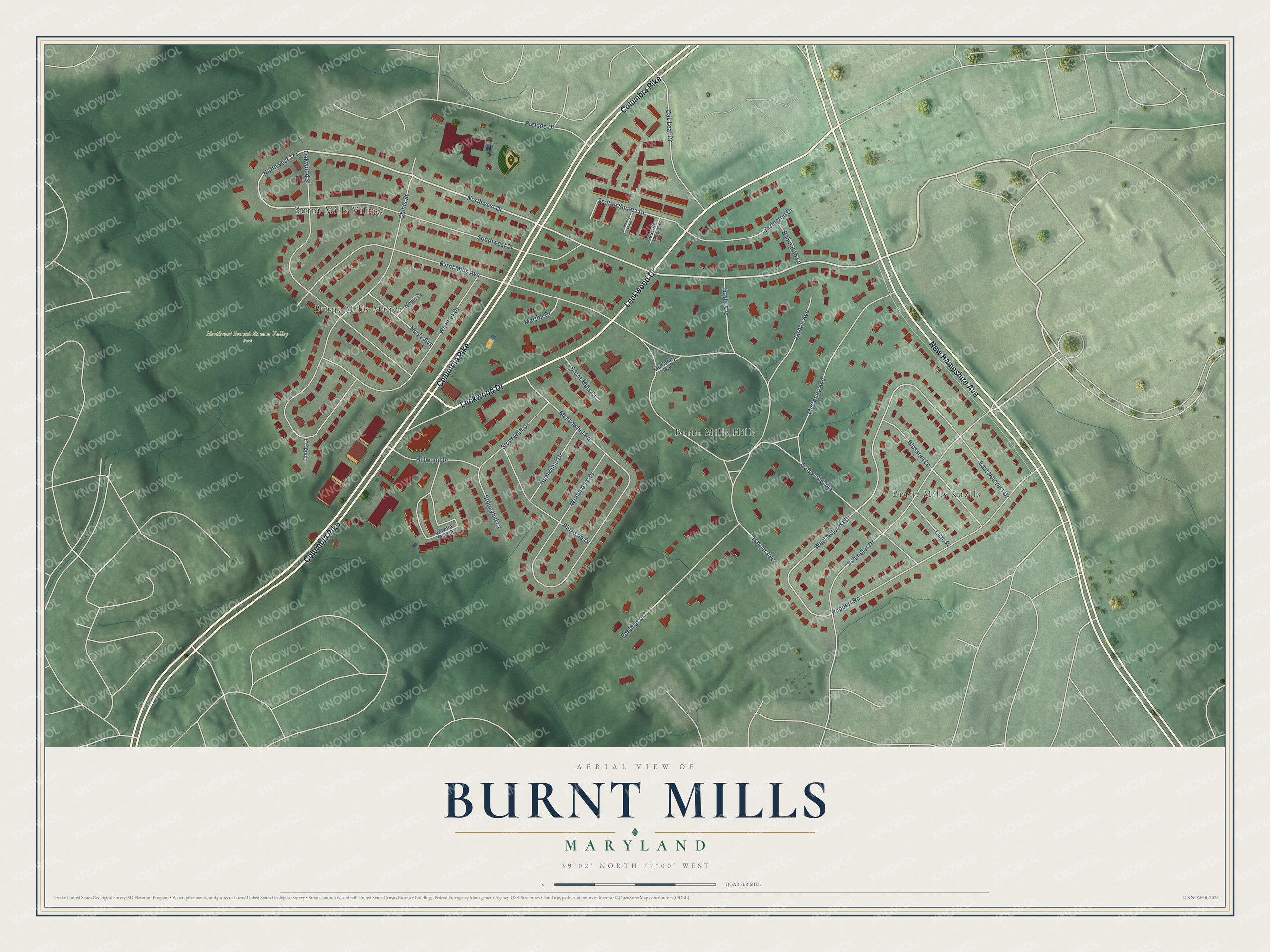 Full map of Burnt Mills, Maryland, with red buildings, printed street names and the land around them