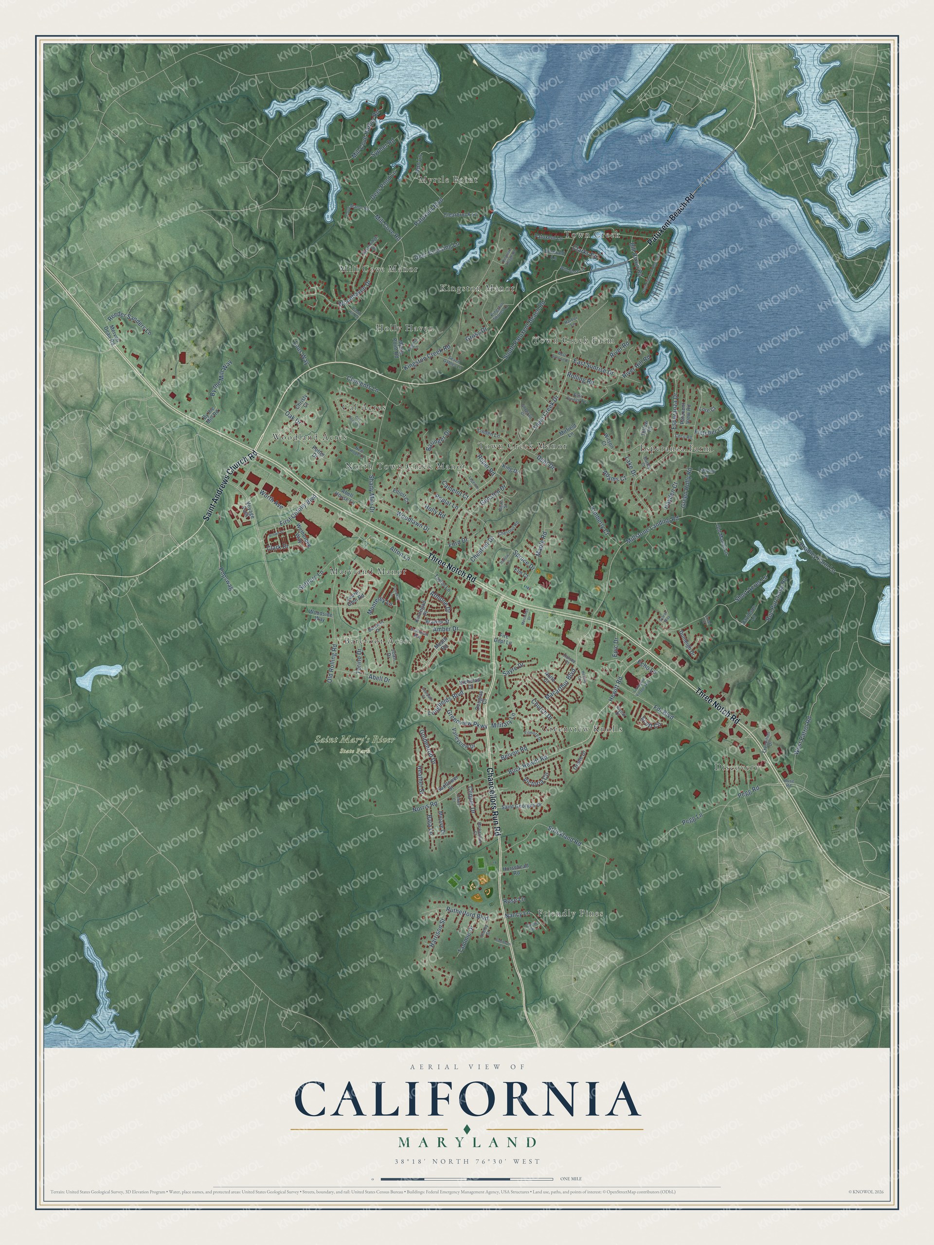 Full map of California, Maryland, with red buildings, printed street names and the land around them