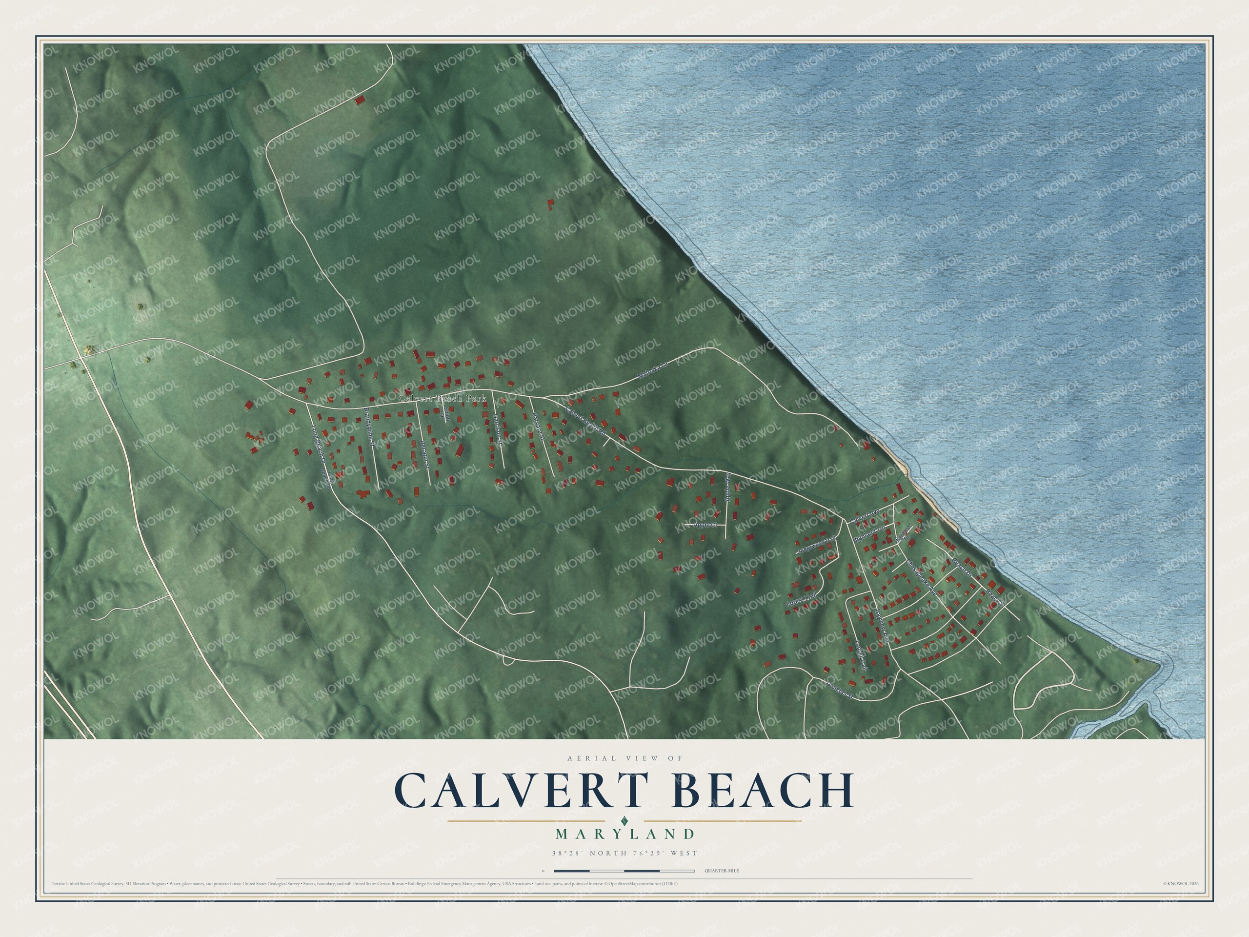 Full map of Calvert Beach, Maryland, with red buildings, printed street names and the land around them