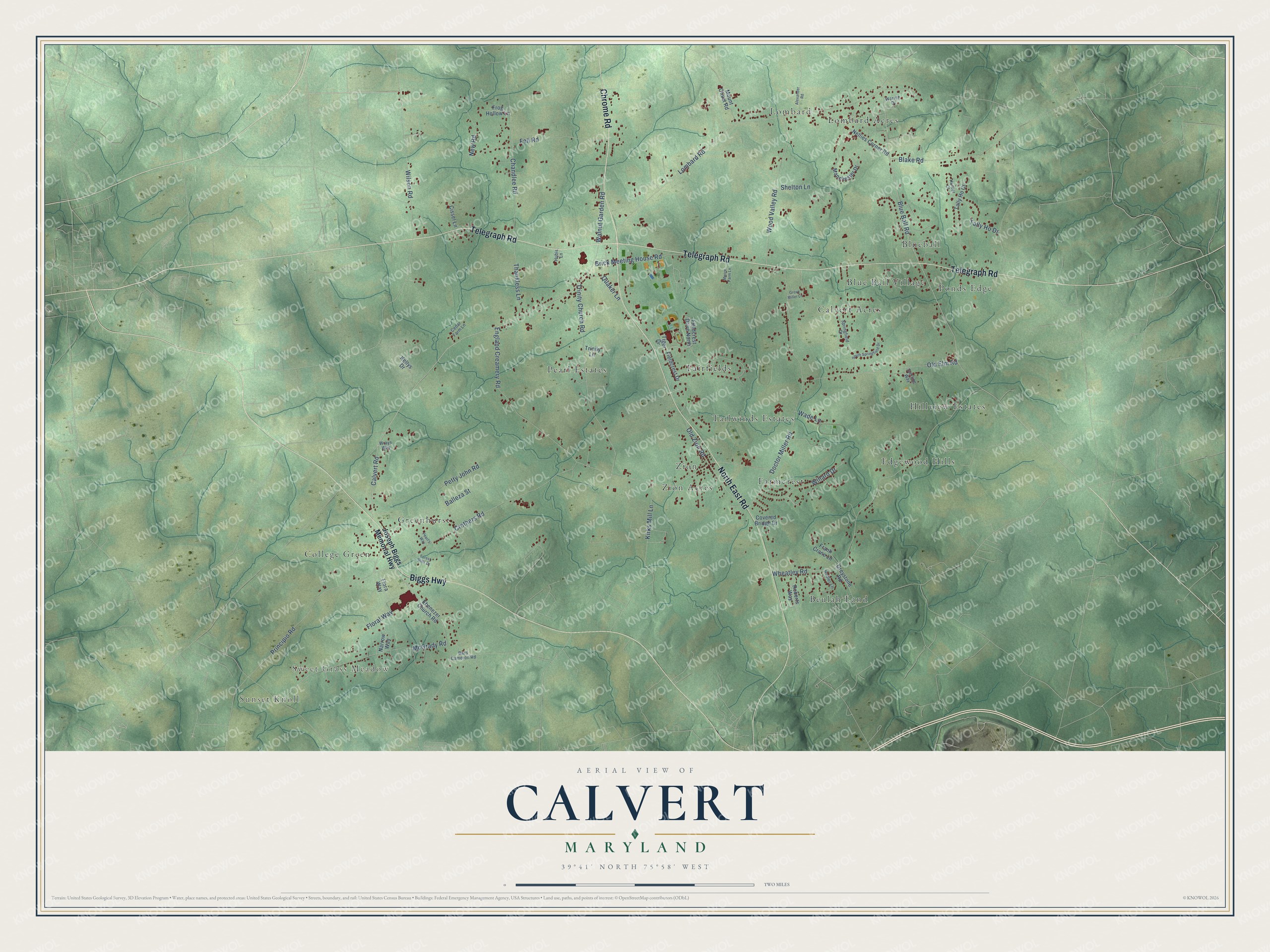Full map of Calvert, Maryland, with red buildings, printed street names and the land around them