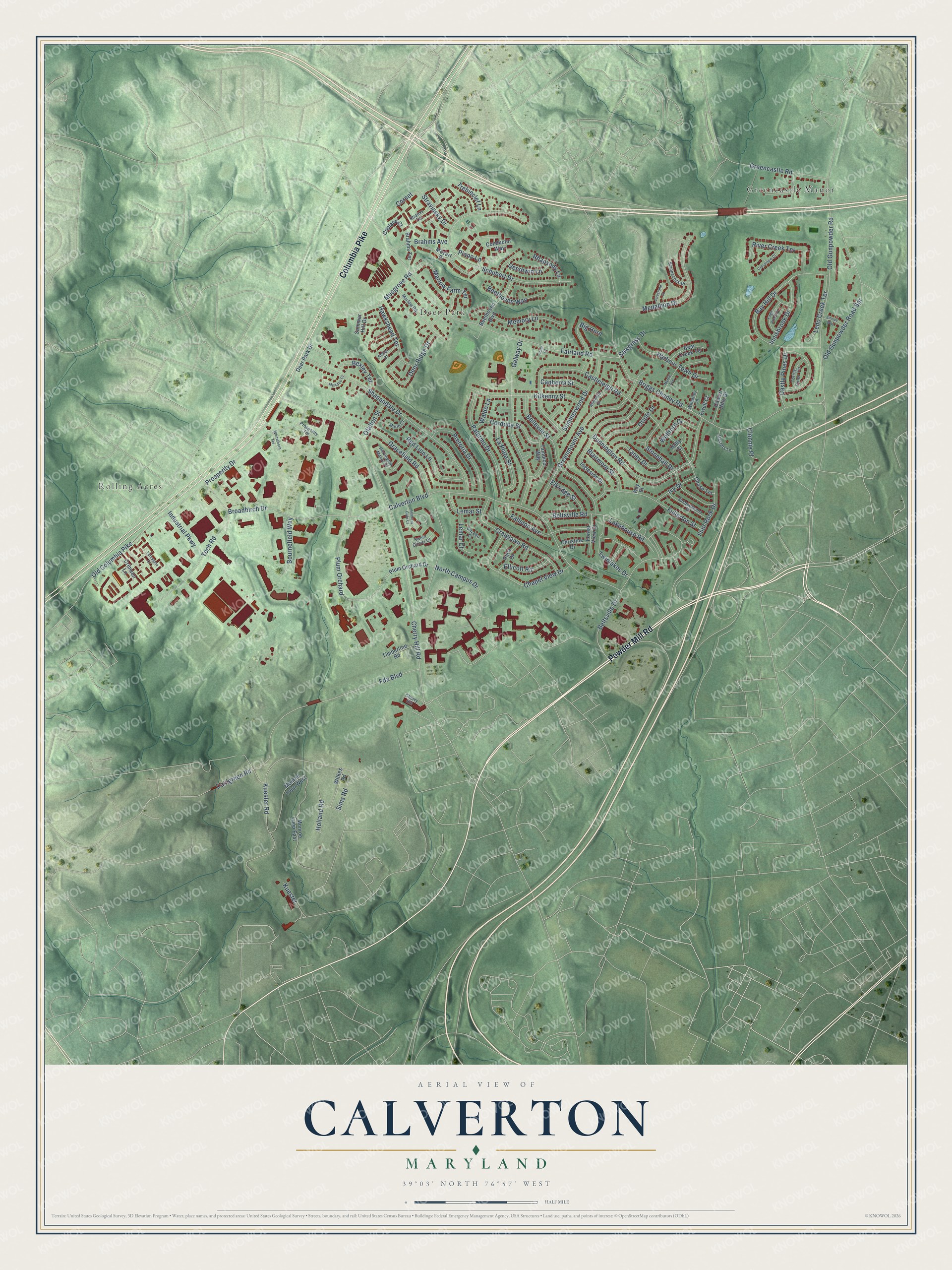 Full map of Calverton, Maryland, with red buildings, printed street names and the land around them
