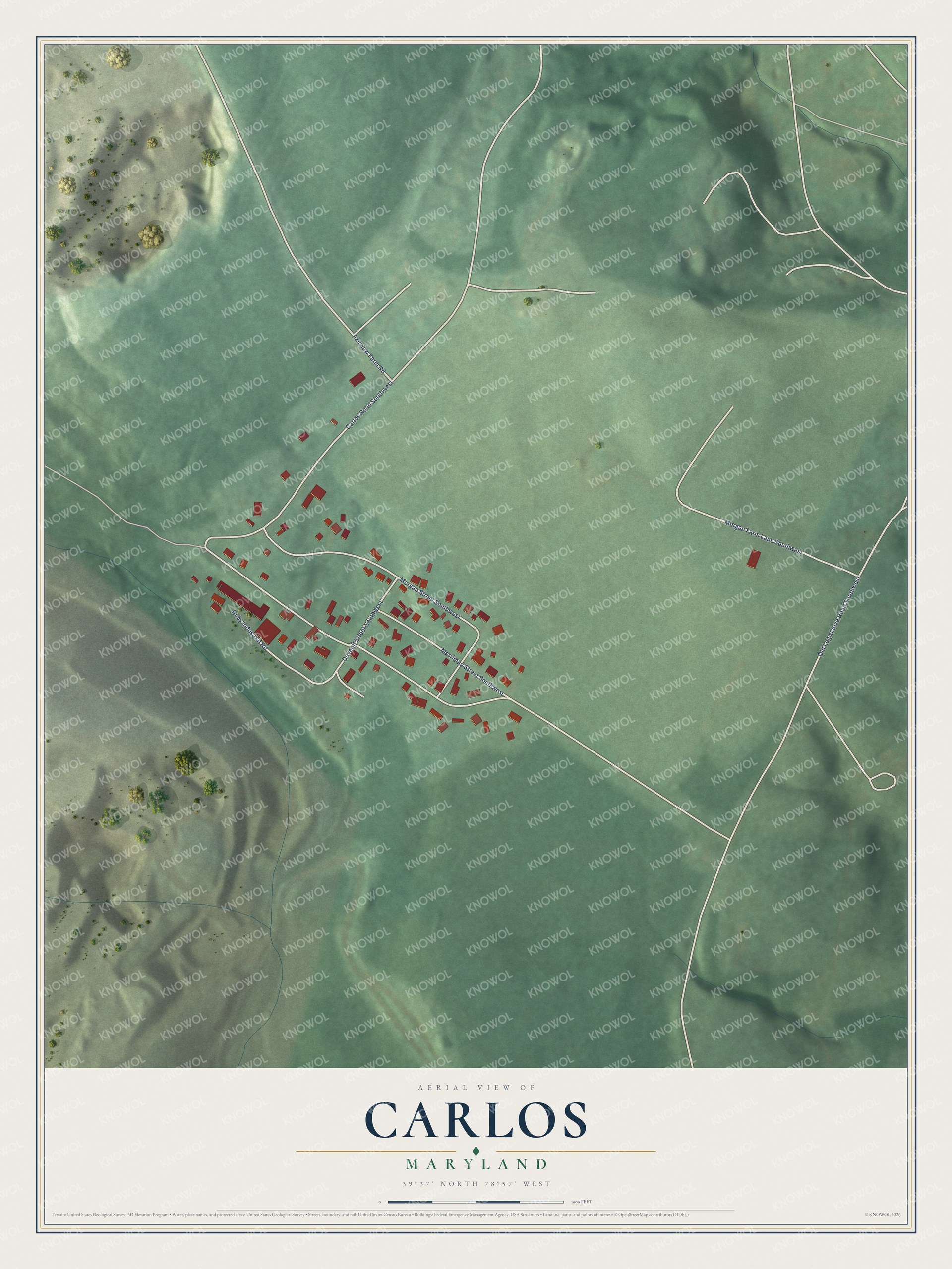 Full map of Carlos, Maryland, with red buildings, printed street names and the land around them