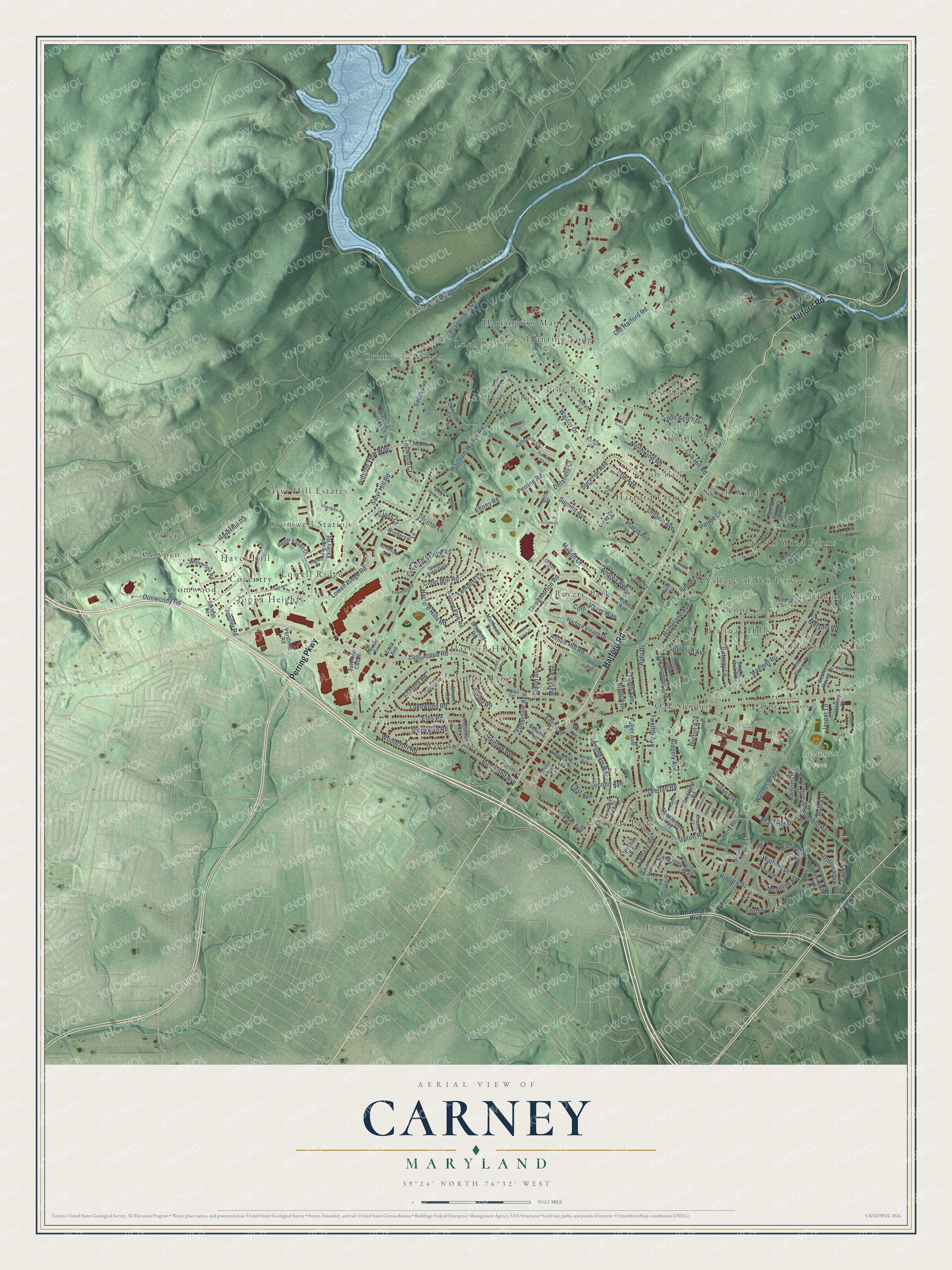 Full map of Carney, Maryland, with red buildings, printed street names and the land around them