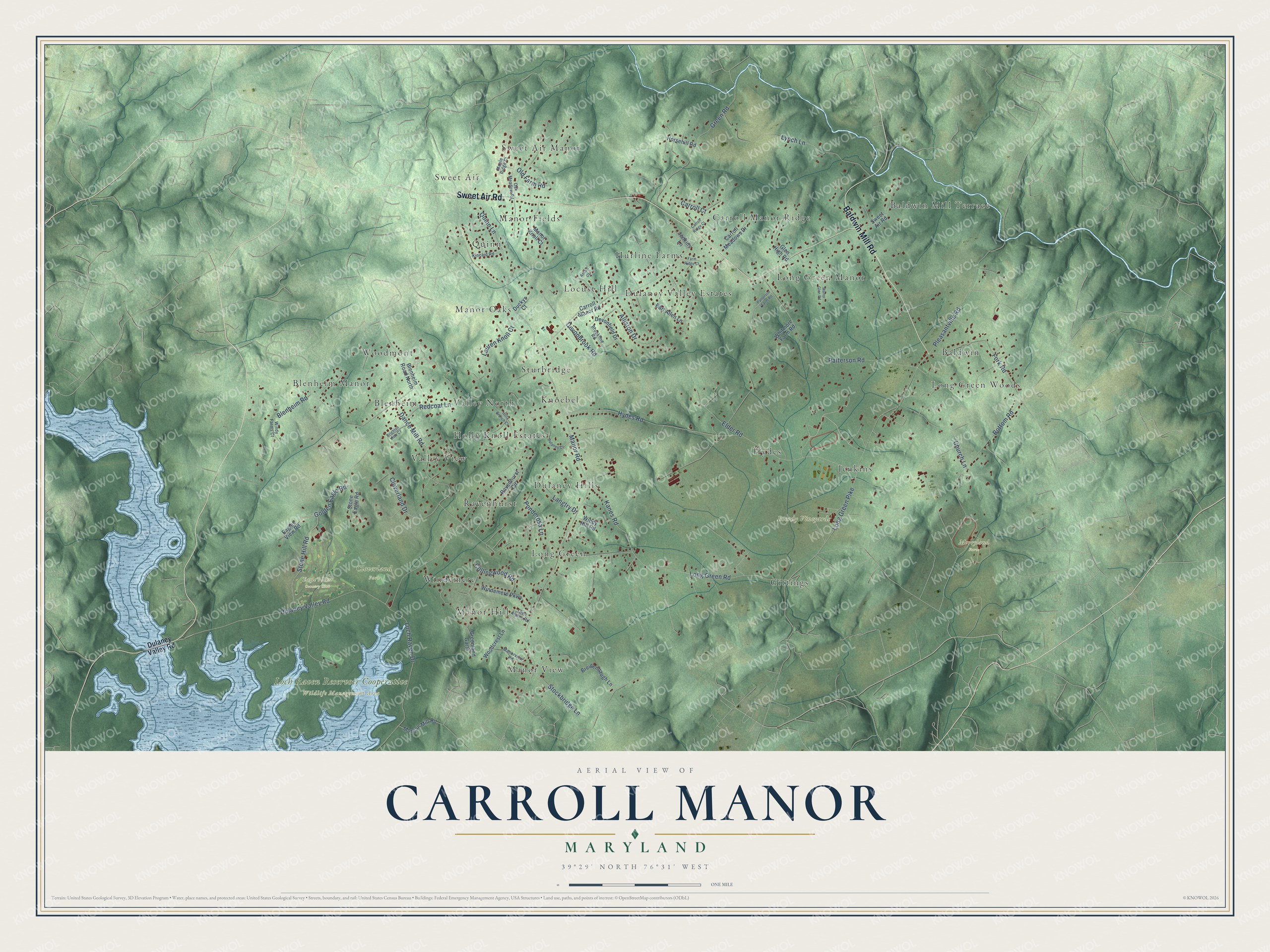 Full map of Carroll Manor, Maryland, with red buildings, printed street names and the land around them