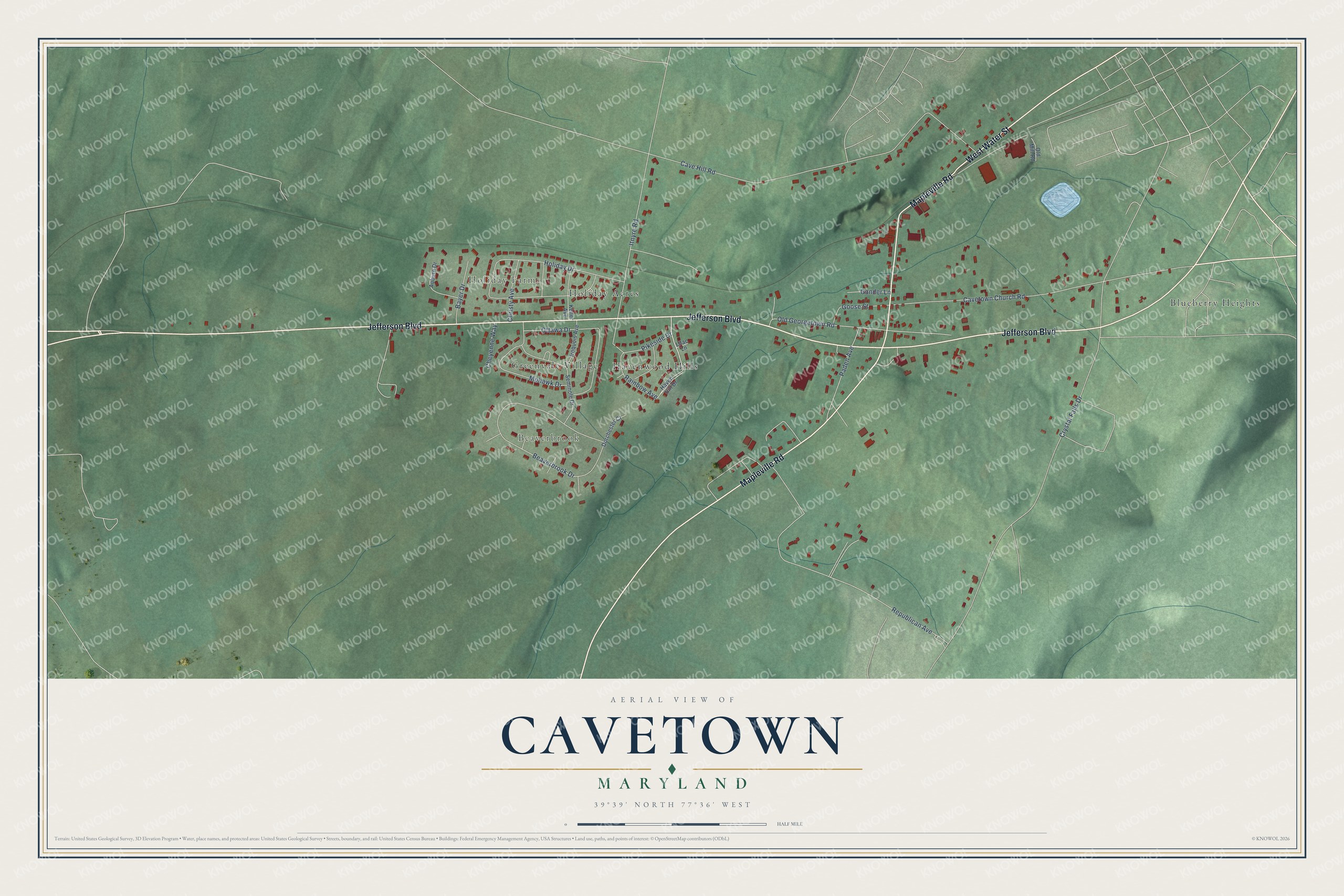 Full map of Cavetown, Maryland, with red buildings, printed street names and the land around them