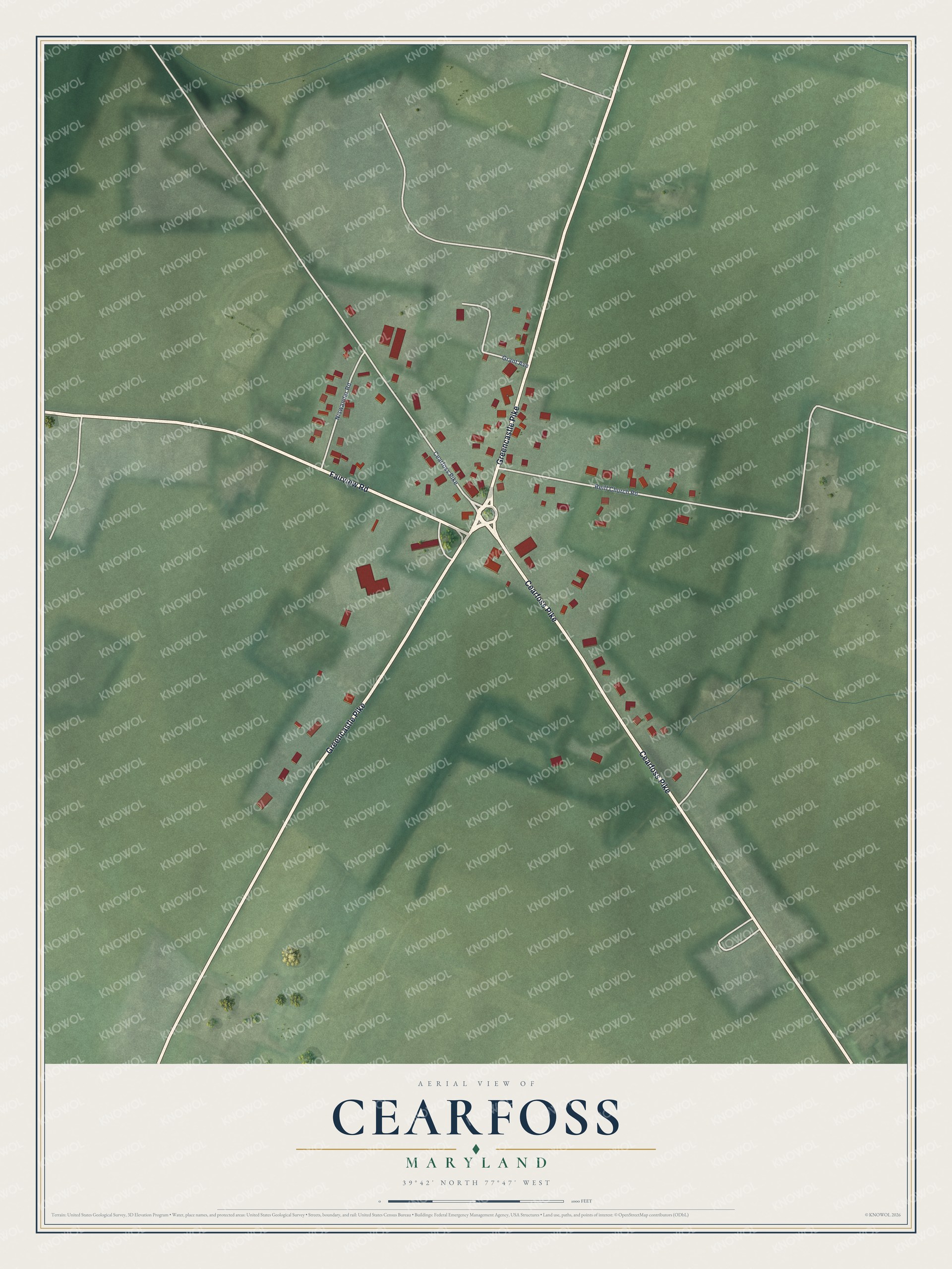 Full map of Cearfoss, Maryland, with red buildings, printed street names and the land around them