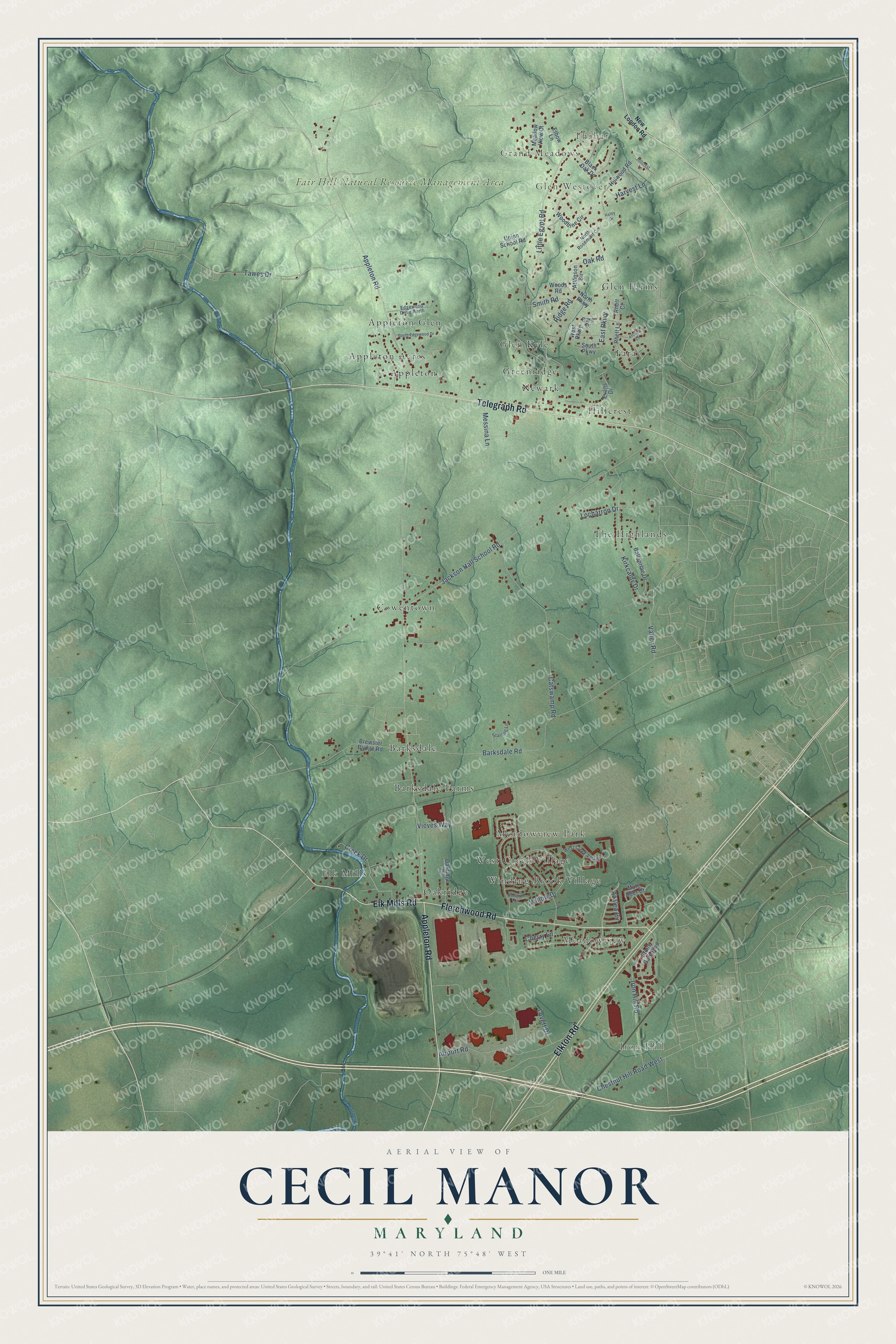Full map of Cecil Manor, Maryland, with red buildings, printed street names and the land around them