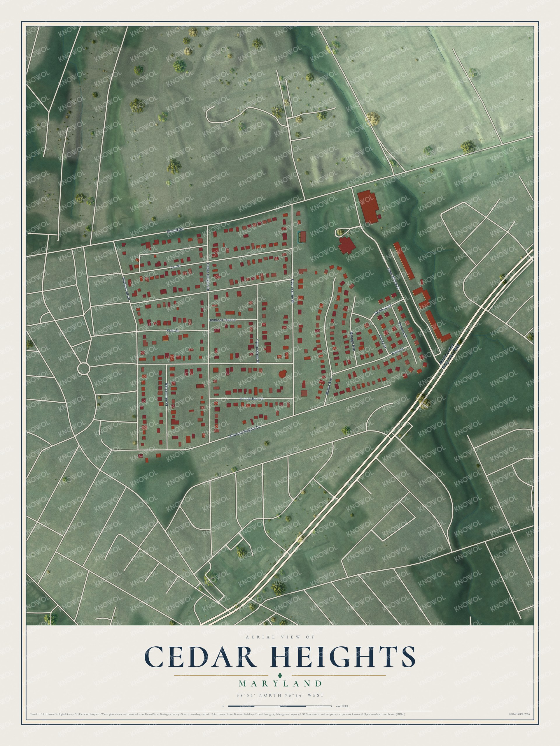 Full map of Cedar Heights, Maryland, with red buildings, printed street names and the land around them