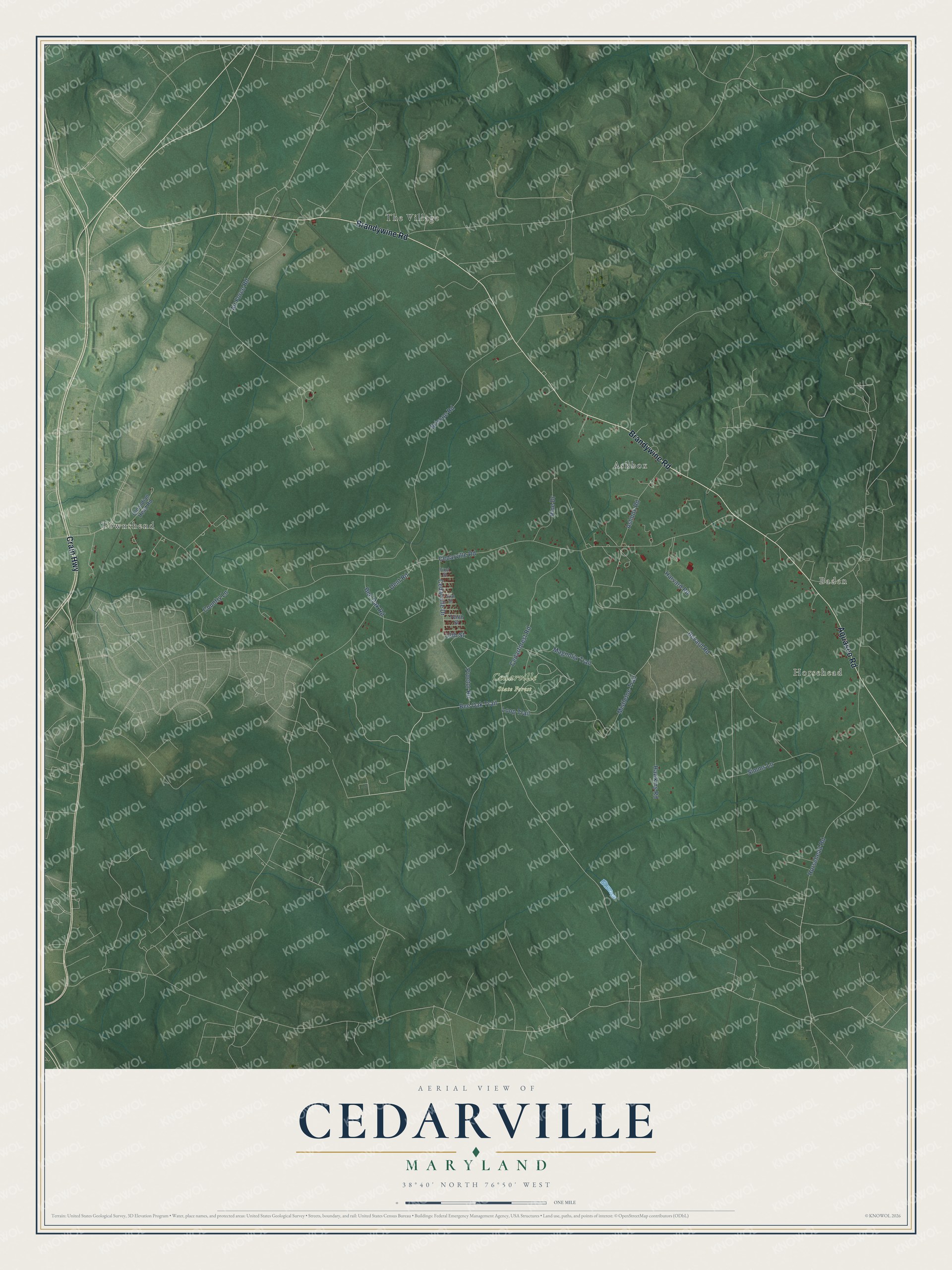 Full map of Cedarville, Maryland, with red buildings, printed street names and the land around them